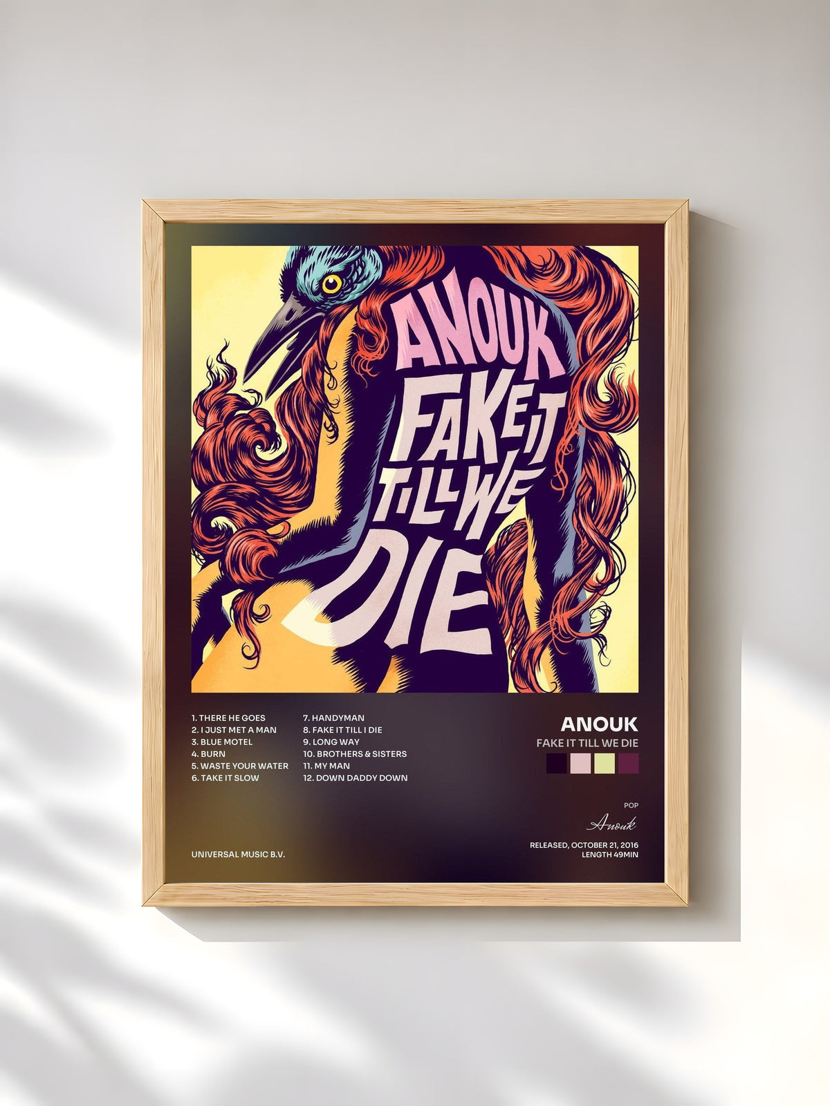#bois Tableau de l'album Fake It Till We Die de Anouk, cadre en bois brut, imprimé et encadré en France