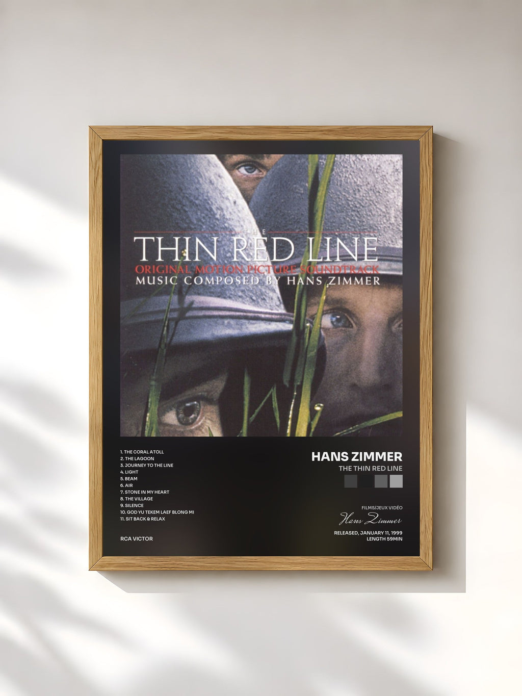 #bois Tableau de l'album The Thin Red Line de Hans Zimmer, cadre en bois brut, imprimé et encadré en France