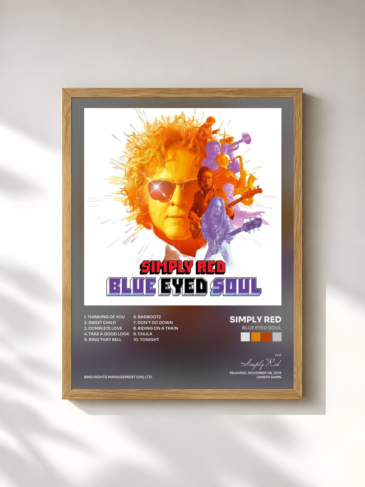 #bois Tableau de l'album Blue Eyed Soul de Simply Red, cadre en bois brut, imprimé et encadré en France