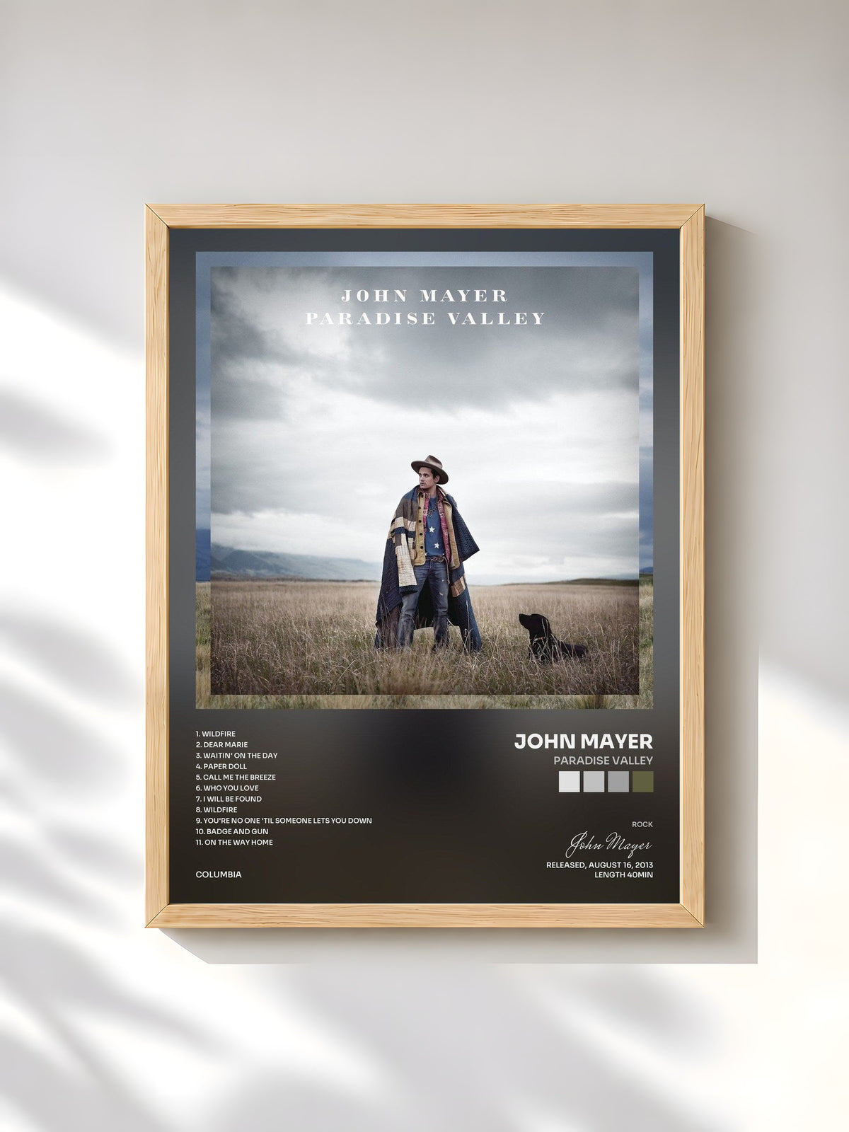 #bois Tableau de l'album Paradise Valley de John Mayer, cadre en bois brut, imprimé et encadré en France