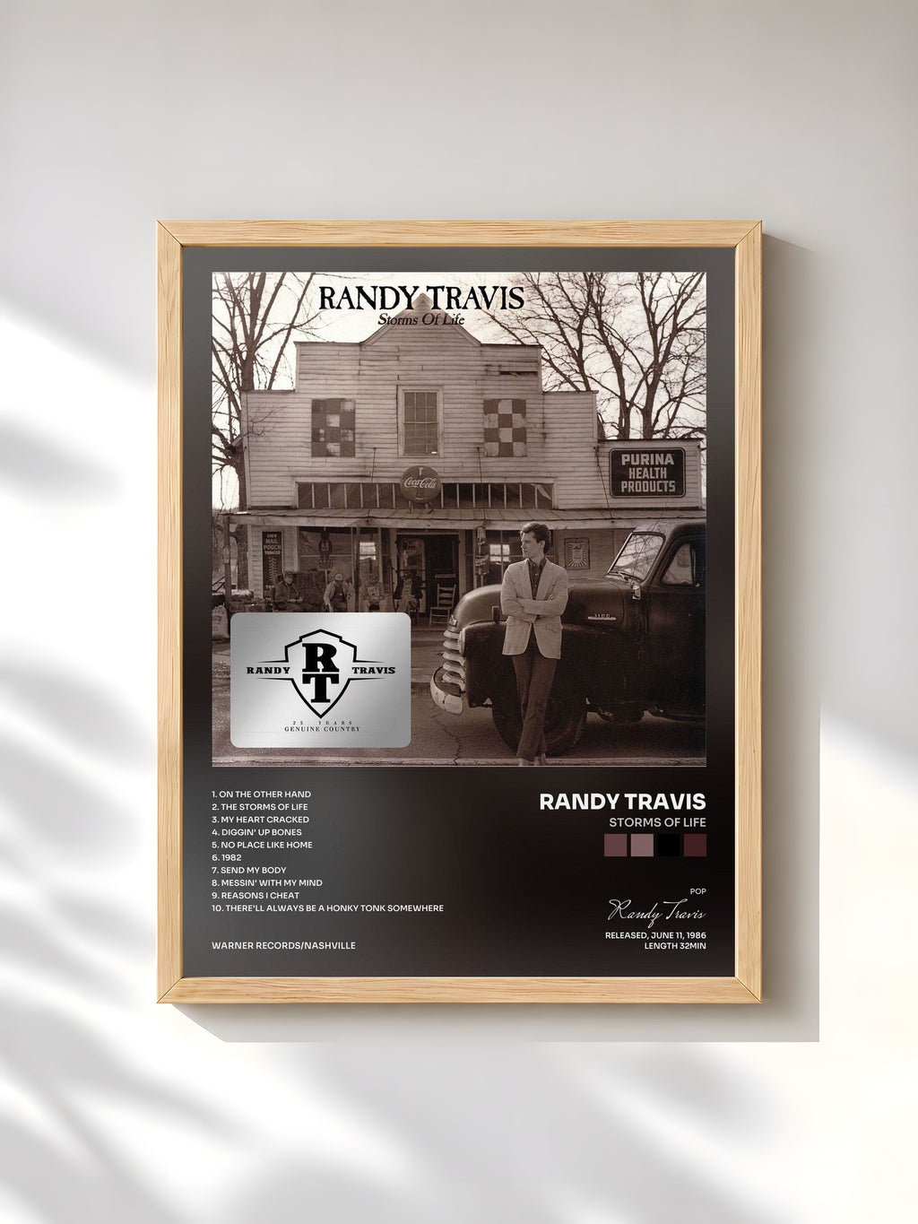 #bois Tableau de l'album Storms of Life de Randy Travis, cadre en bois brut, imprimé et encadré en France