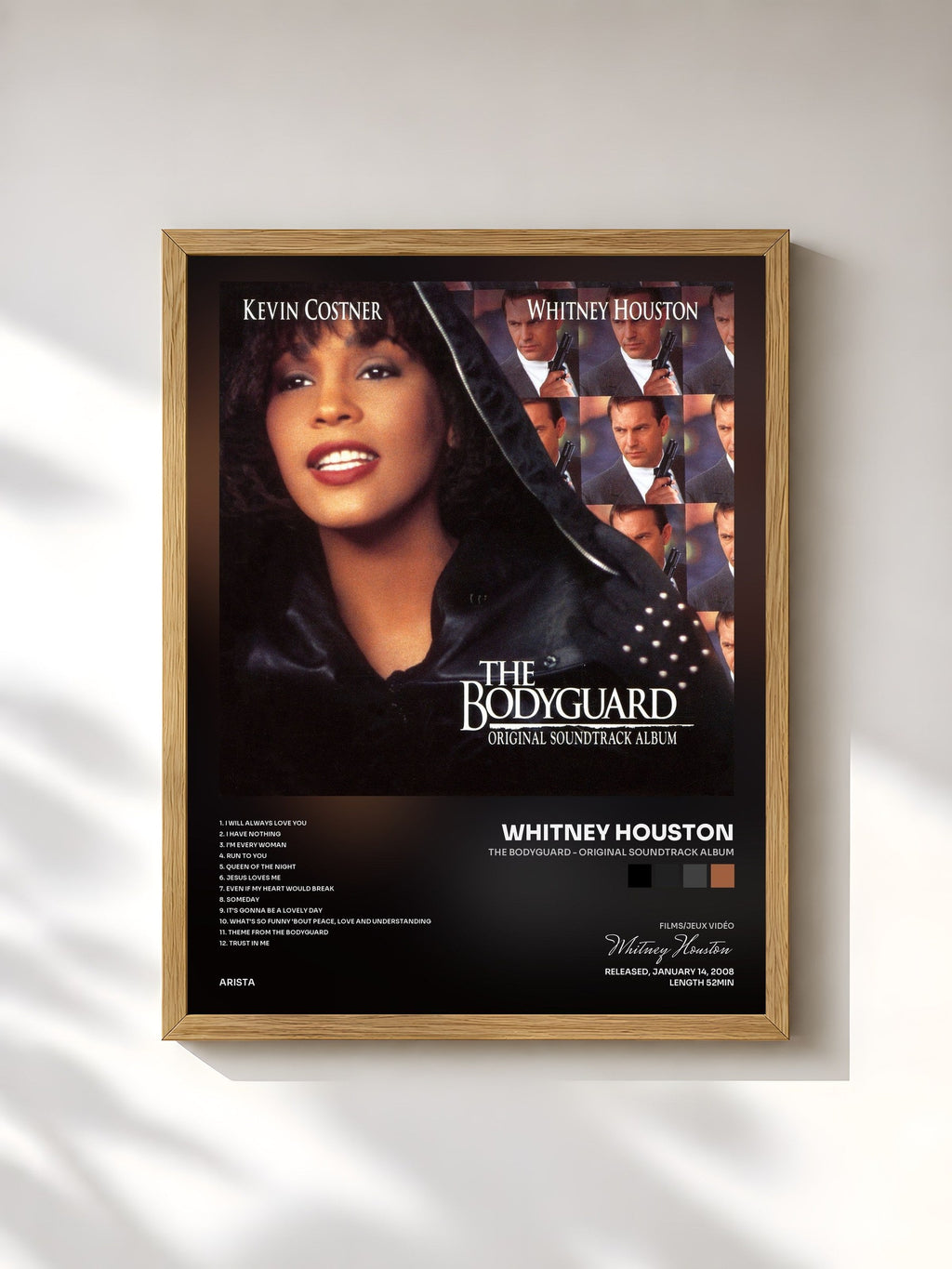 #bois Tableau de l'album The Bodyguard - Original Soundtrack Album de Whitney Houston, cadre en bois brut, imprimé et encadré en France