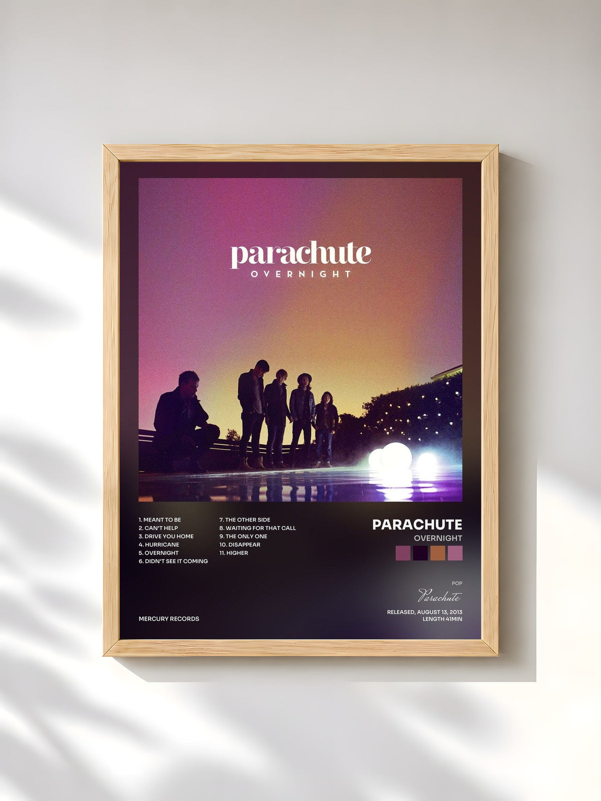 #bois Tableau de l'album Overnight de Parachute, cadre en bois brut, imprimé et encadré en France