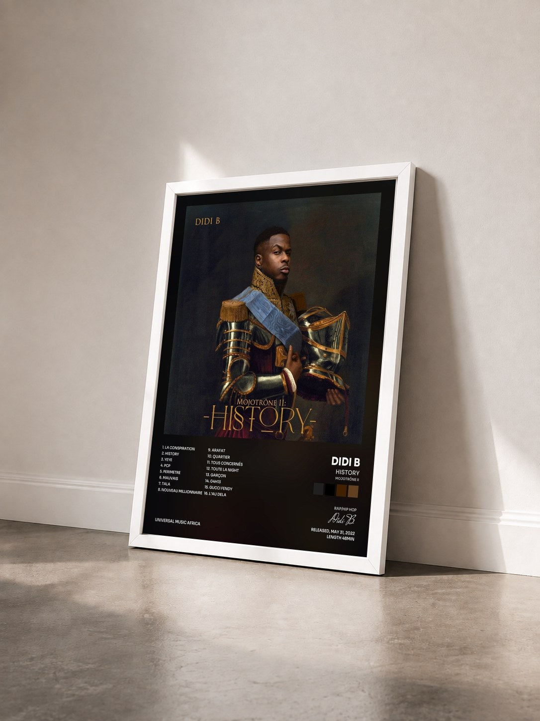 #blanc Tableau de l'album History (Mojotrône II) de Didi B vu de trois quarts, cadre blanc