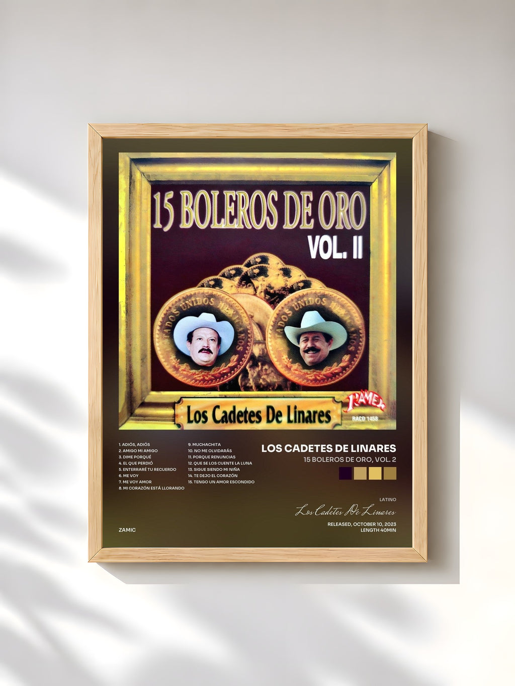 #bois Tableau de l'album 15 Boleros De Oro, Vol. 2 de Los Cadetes De Linares, cadre en bois brut, imprimé et encadré en France