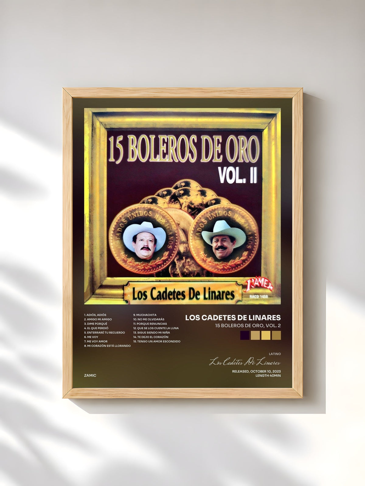 #bois Tableau de l'album 15 Boleros De Oro, Vol. 2 de Los Cadetes De Linares, cadre en bois brut, imprimé et encadré en France