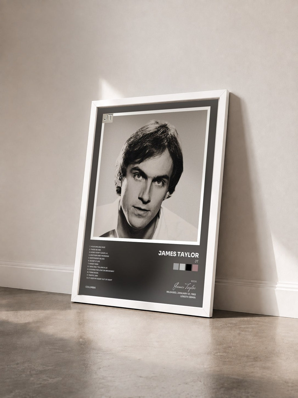 #blanc Tableau de l'album JT de James Taylor vu de trois quarts, cadre blanc