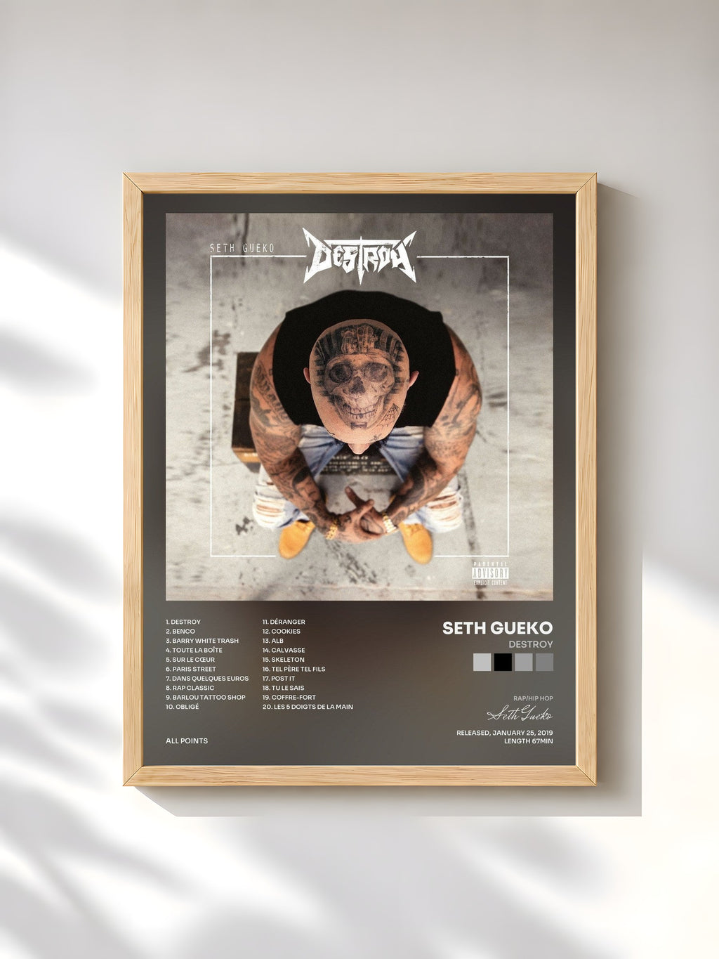 #bois Tableau de l'album Destroy de Seth Gueko, cadre en bois brut, imprimé et encadré en France