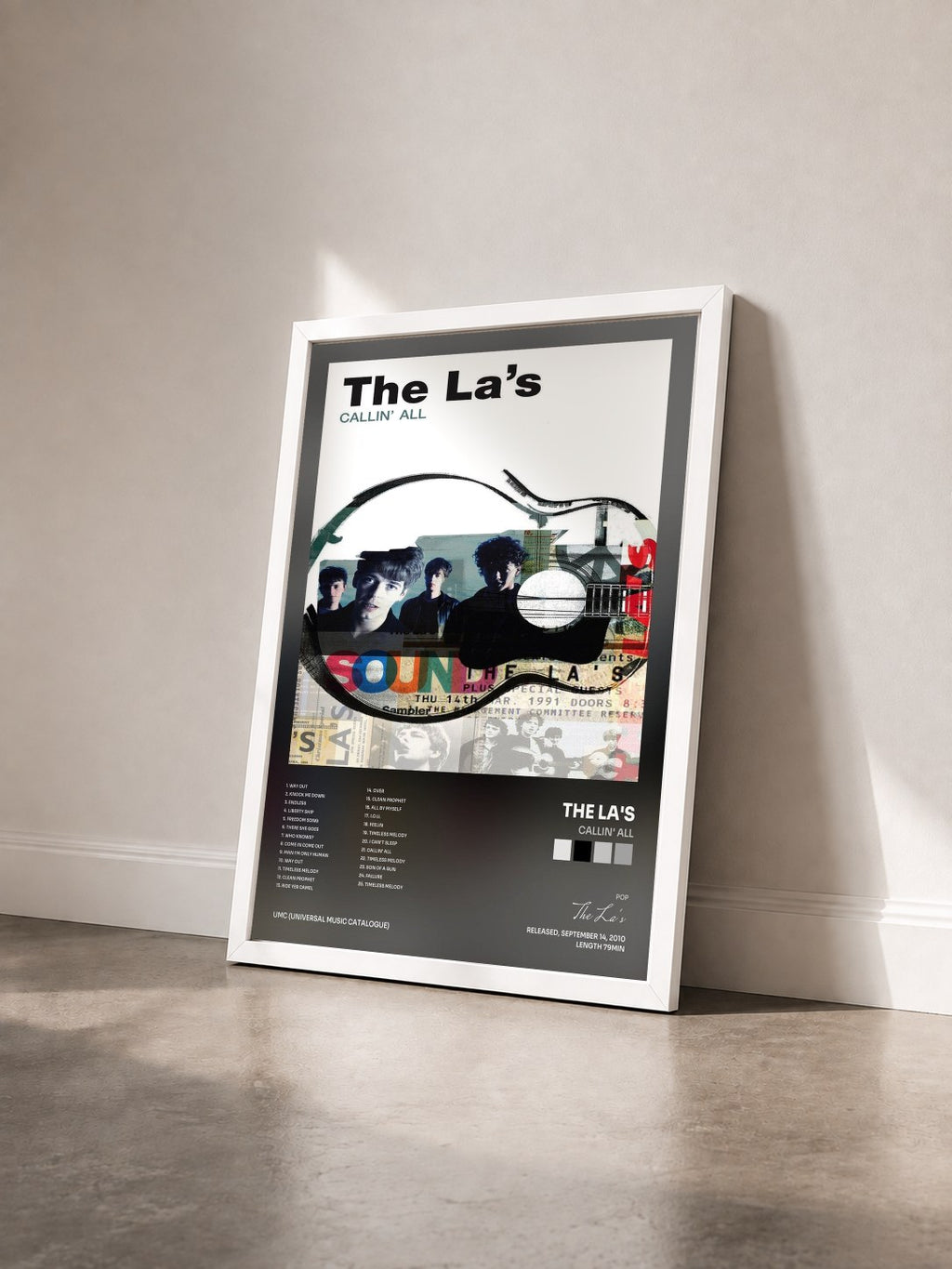 #blanc Tableau de l'album Callin' All de The La's vu de trois quarts, cadre blanc