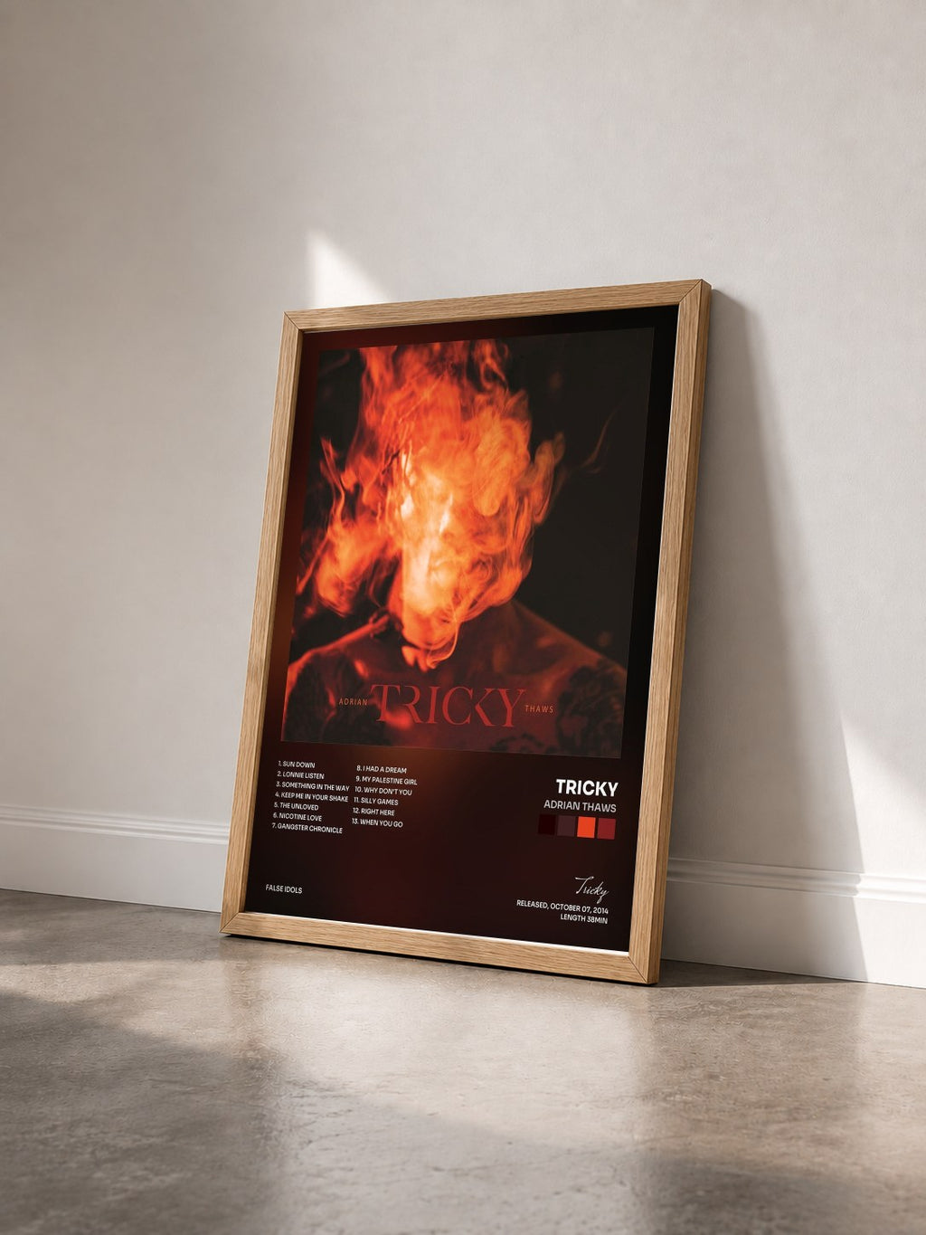 #bois Tableau de l'album Adrian Thaws de Tricky vu de trois quarts, cadre en bois brut