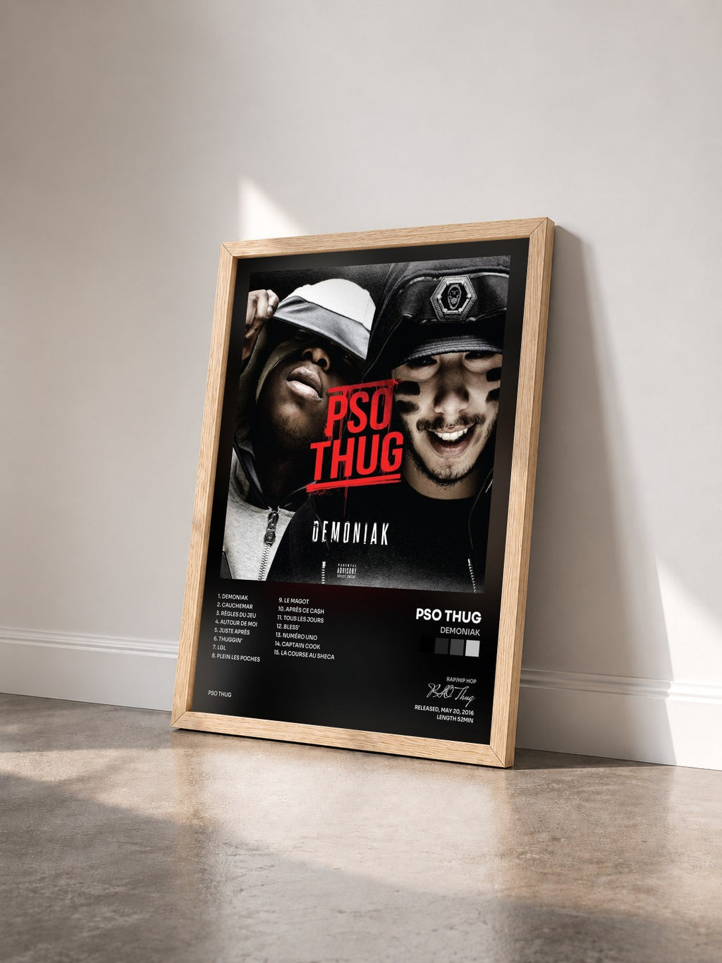 #bois Tableau de l'album Demoniak de PSO Thug vu de trois quarts, cadre en bois brut