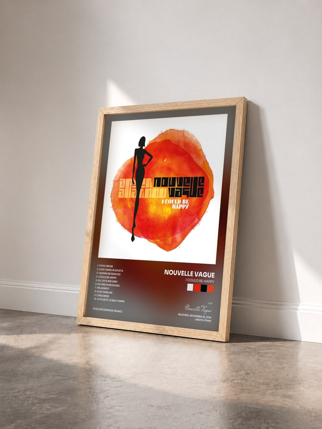 #bois Tableau de l'album I Could Be Happy de Nouvelle Vague vu de trois quarts, cadre en bois brut