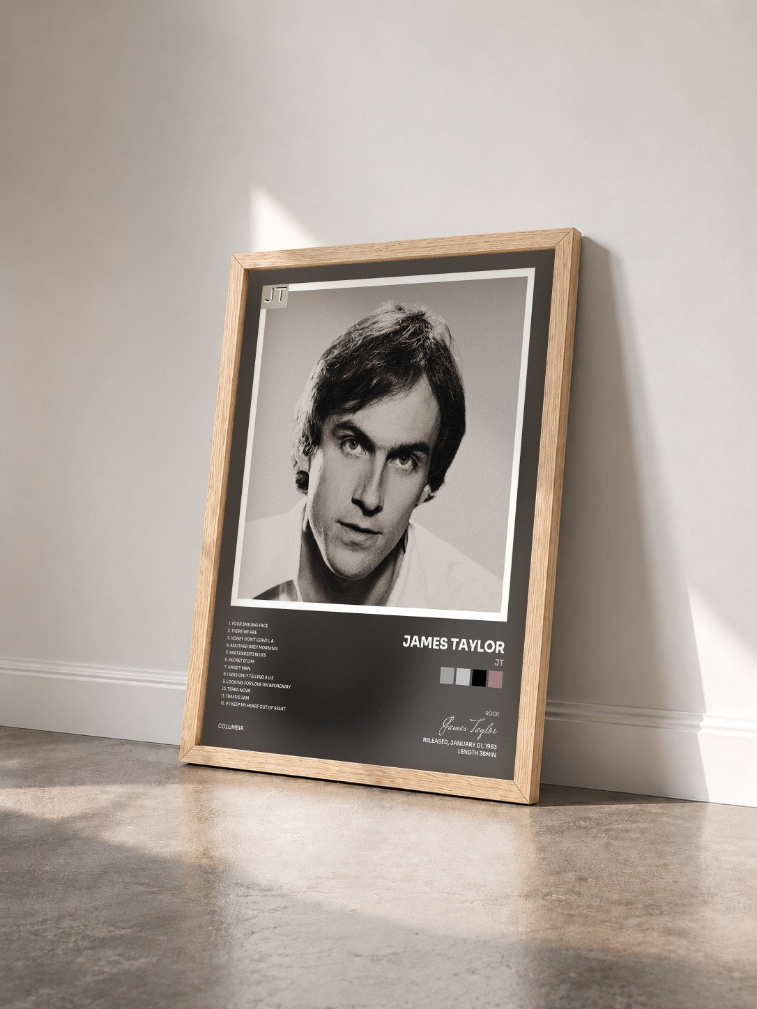 #bois Tableau de l'album JT de James Taylor vu de trois quarts, cadre en bois brut