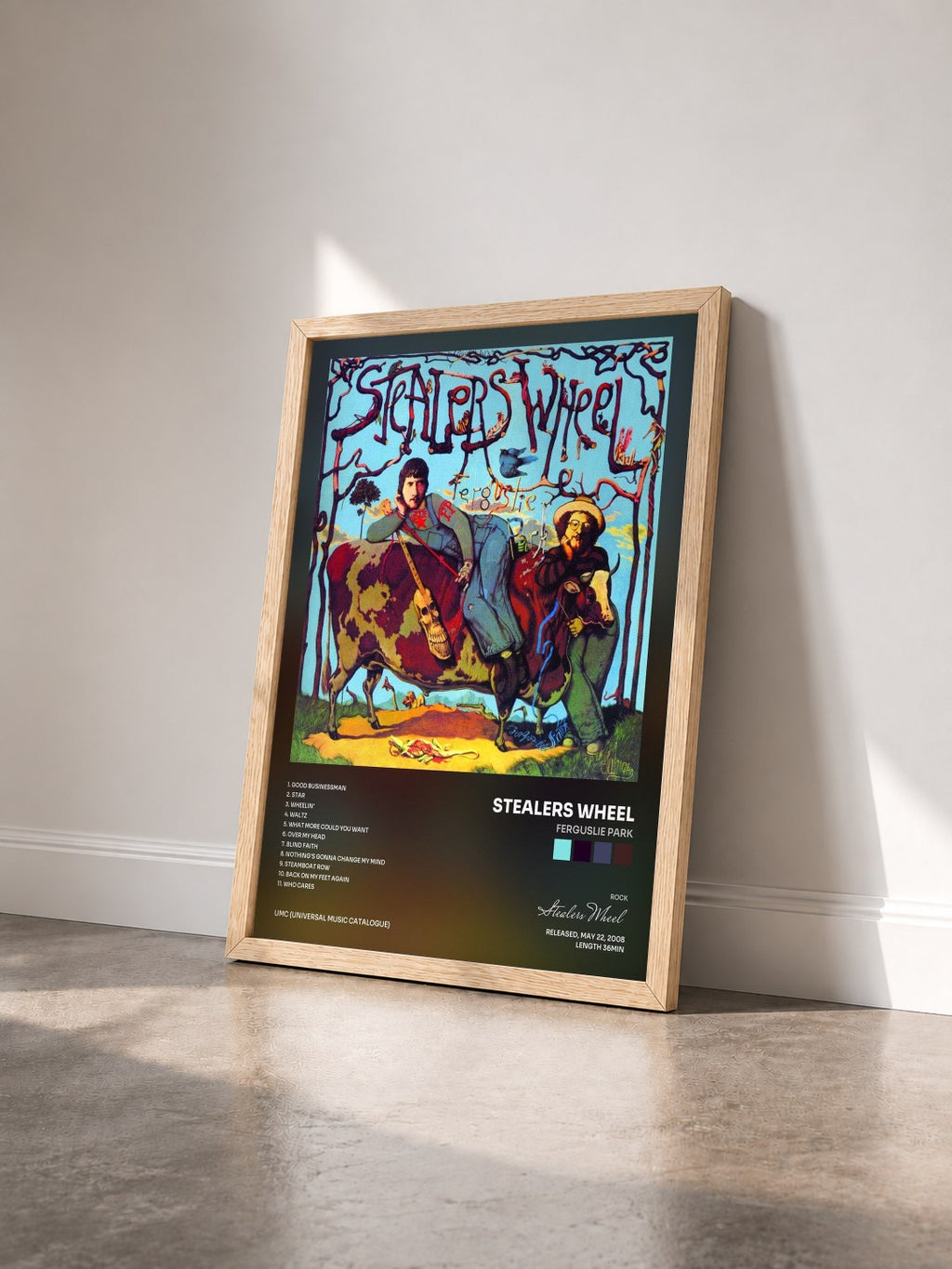 #bois Tableau de l'album Ferguslie Park de Stealers Wheel vu de trois quarts, cadre en bois brut
