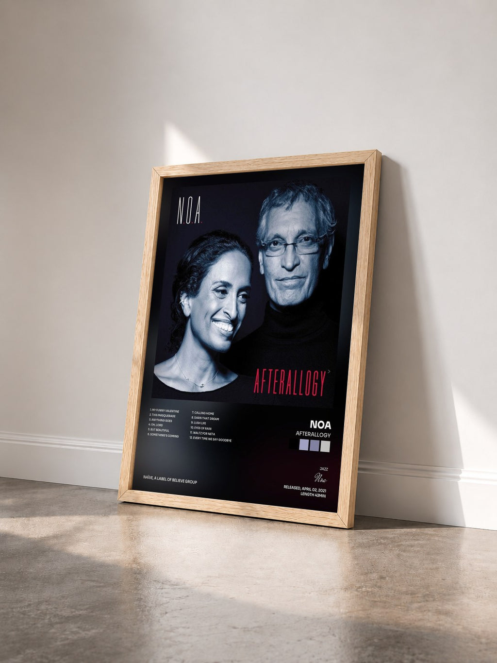 #bois Tableau de l'album Afterallogy de Noa vu de trois quarts, cadre en bois brut