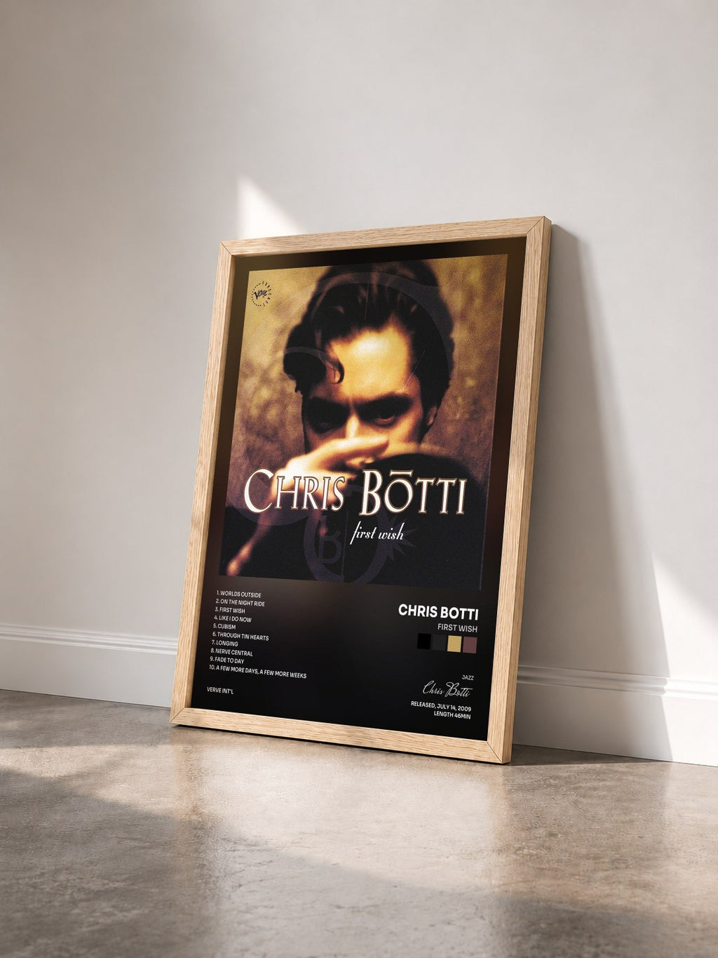 #bois Tableau de l'album First Wish de Chris Botti vu de trois quarts, cadre en bois brut