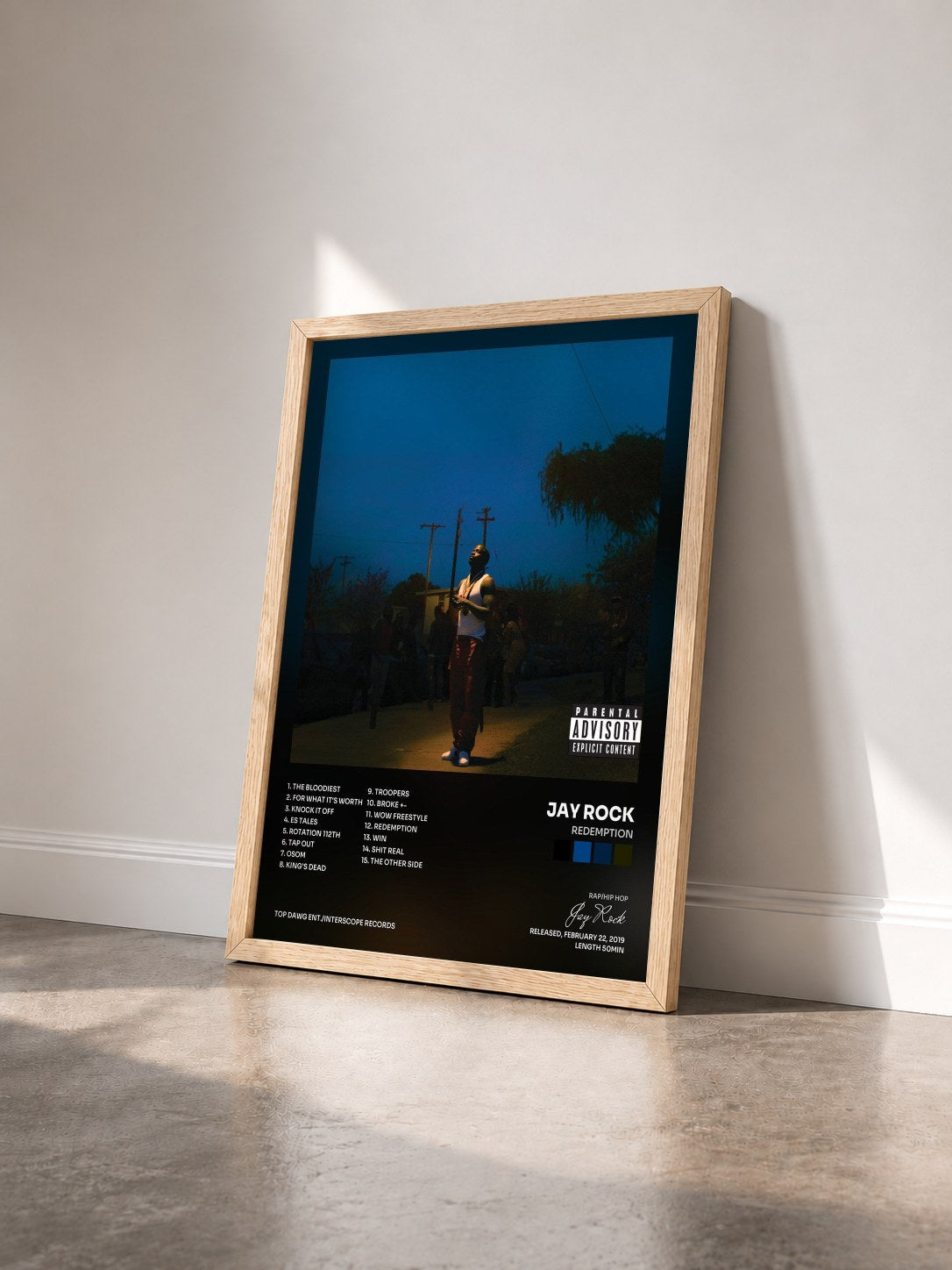 #bois Tableau de l'album Redemption de Jay Rock vu de trois quarts, cadre en bois brut