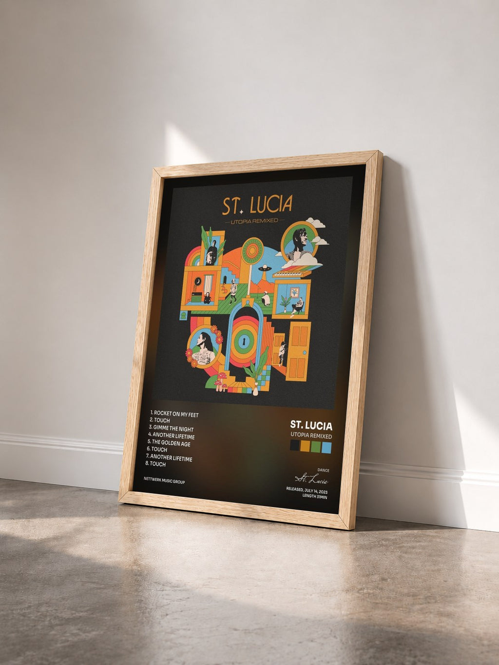 #bois Tableau de l'album Utopia Remixed de St. Lucia vu de trois quarts, cadre en bois brut