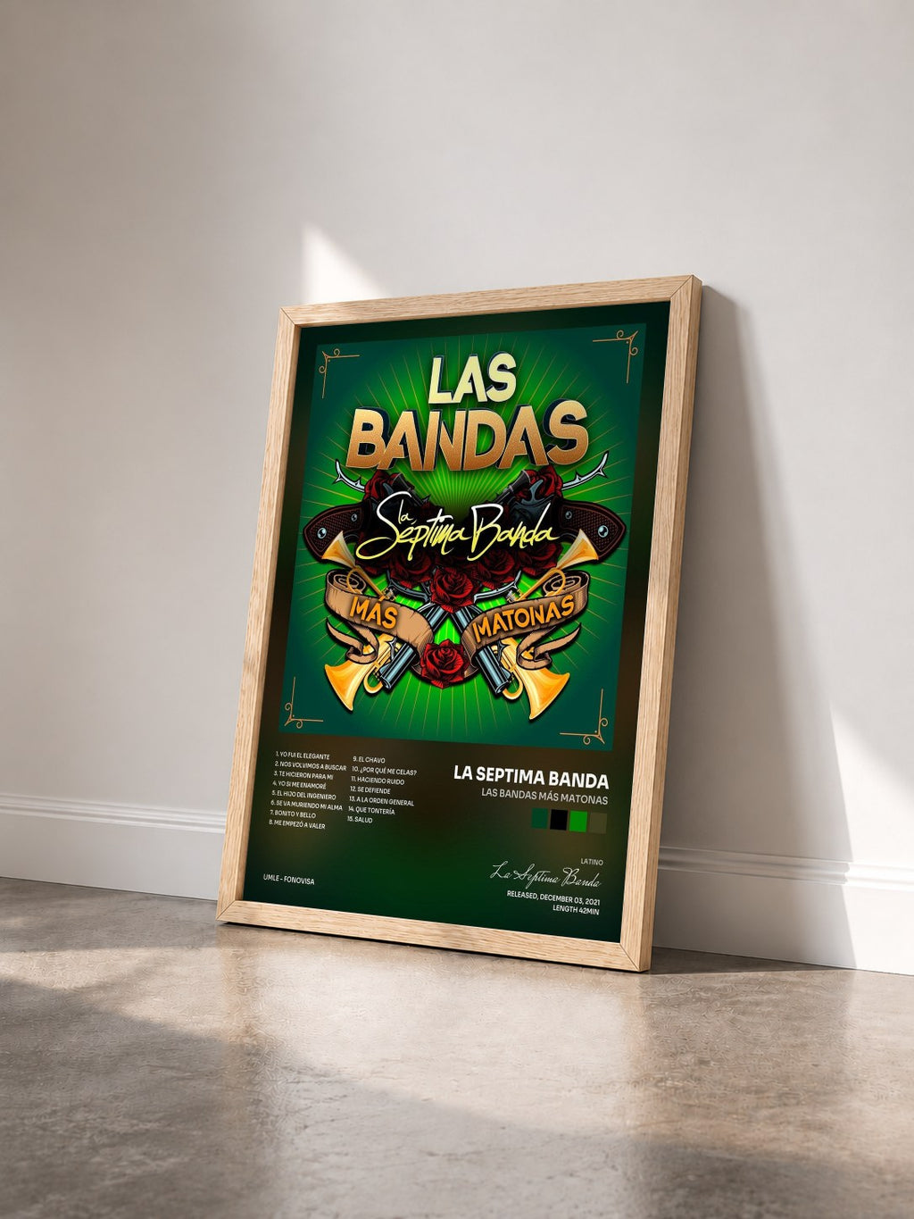 #bois Tableau de l'album Las Bandas Más Matonas de La Septima Banda vu de trois quarts, cadre en bois brut