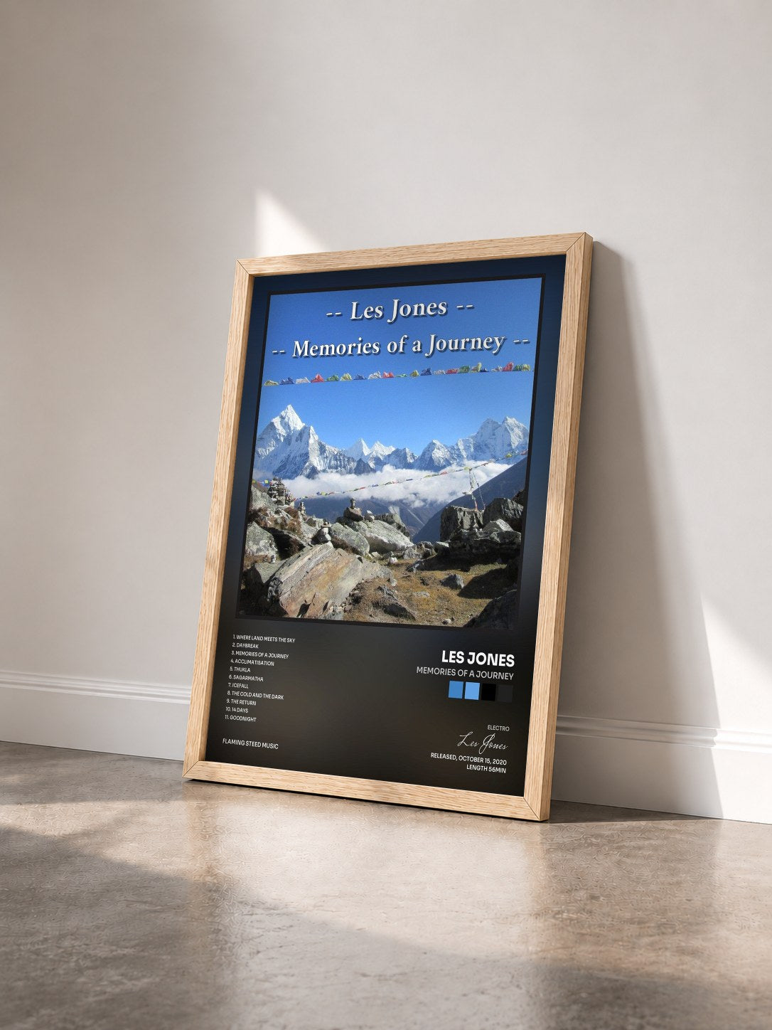 #bois Tableau de l'album Memories of a Journey de Les Jones vu de trois quarts, cadre en bois brut