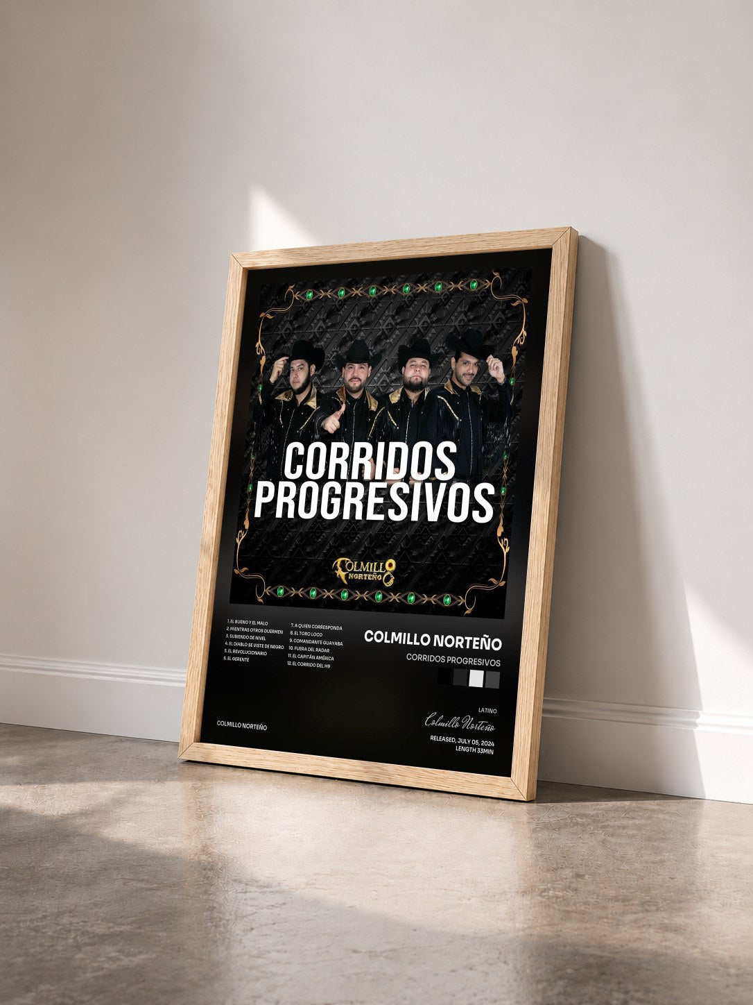#bois Tableau de l'album Corridos Progresivos de Colmillo Norteño vu de trois quarts, cadre en bois brut