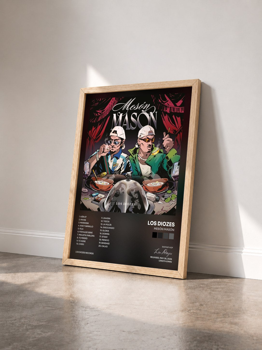 #bois Tableau de l'album MESÓN MASÓN de Los Diozes vu de trois quarts, cadre en bois brut