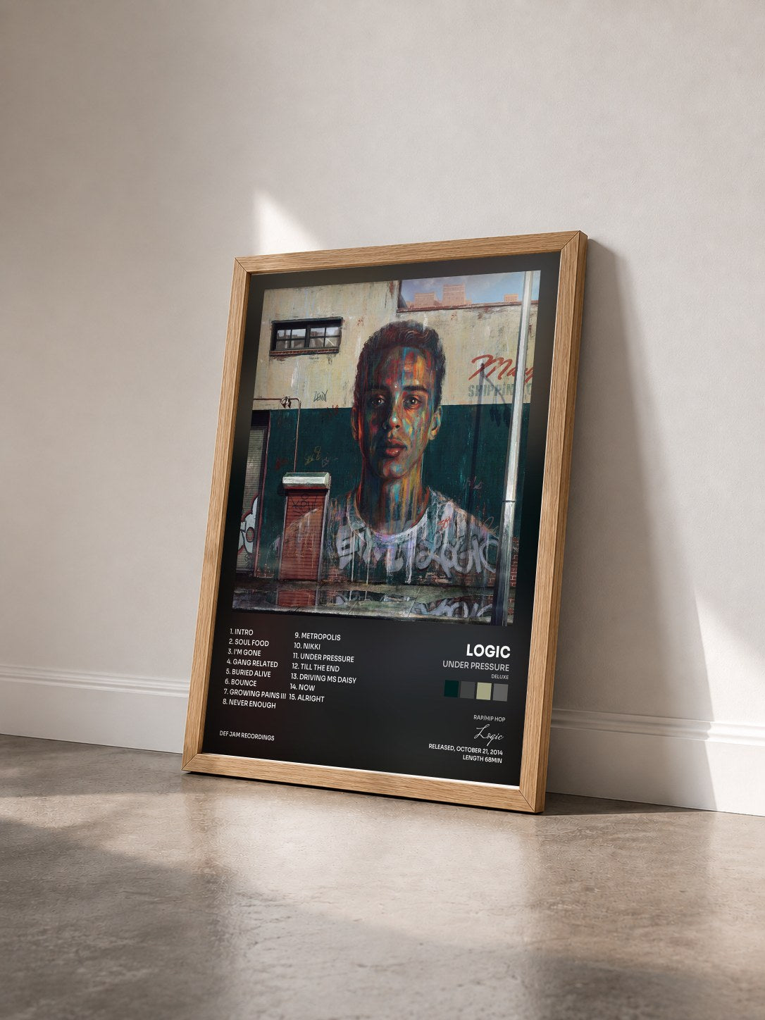 #bois Tableau de l'album Under Pressure (Deluxe) de Logic vu de trois quarts, cadre en bois brut