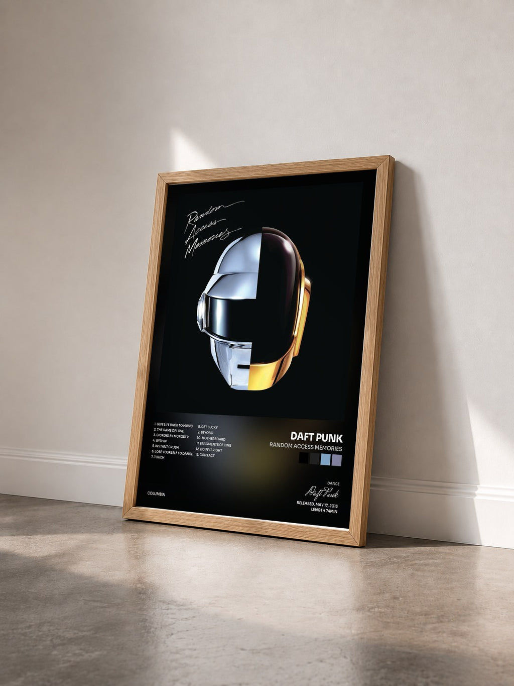 #bois Tableau de l'album Random Access Memories de Daft Punk vu de trois quarts, cadre en bois brut