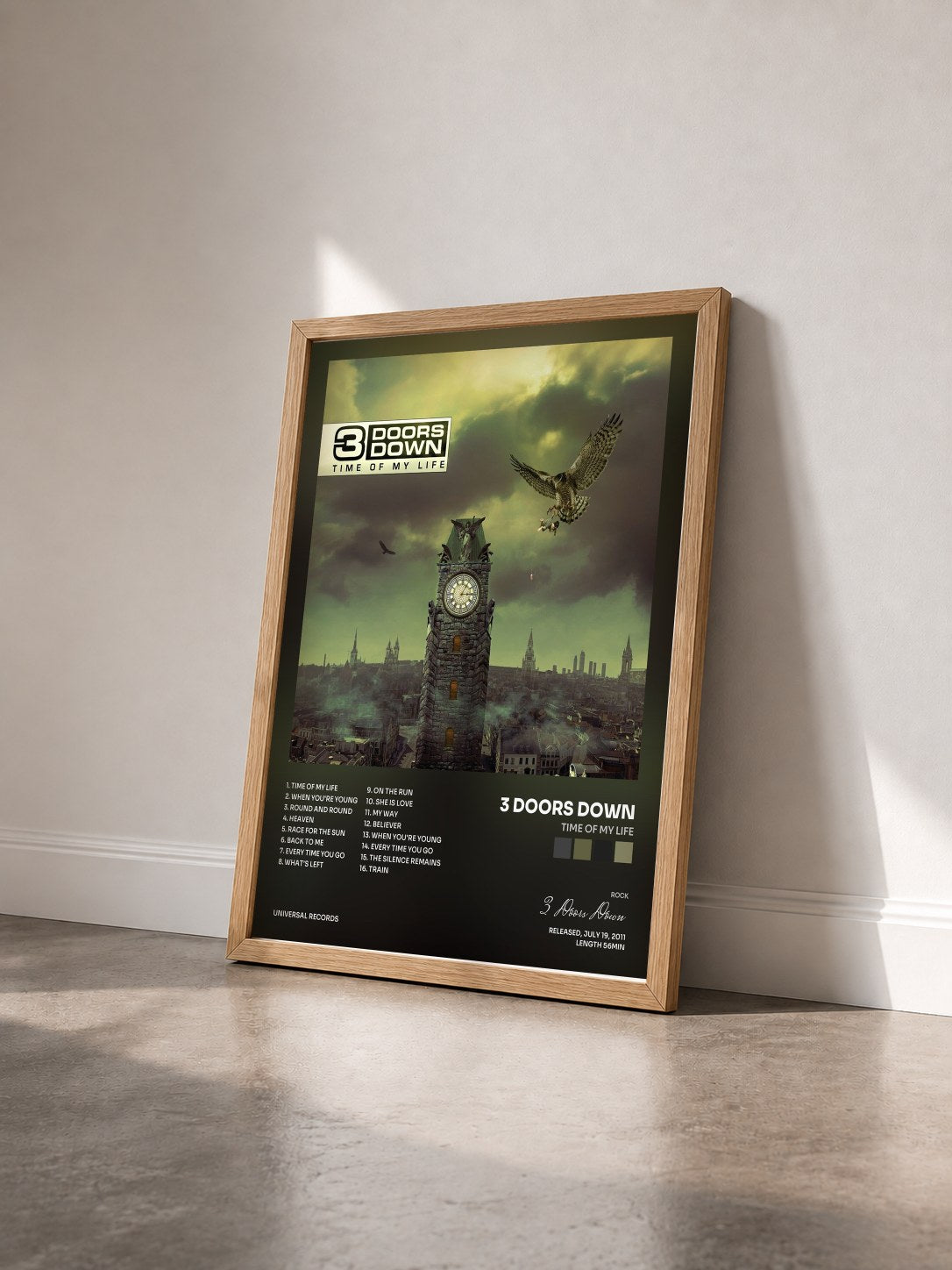 #bois Tableau de l'album Time Of My Life de 3 Doors Down vu de trois quarts, cadre en bois brut