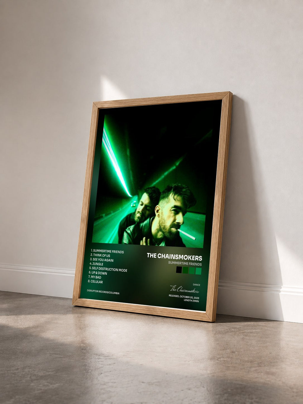 #bois Tableau de l'album Summertime Friends de The Chainsmokers vu de trois quarts, cadre en bois brut
