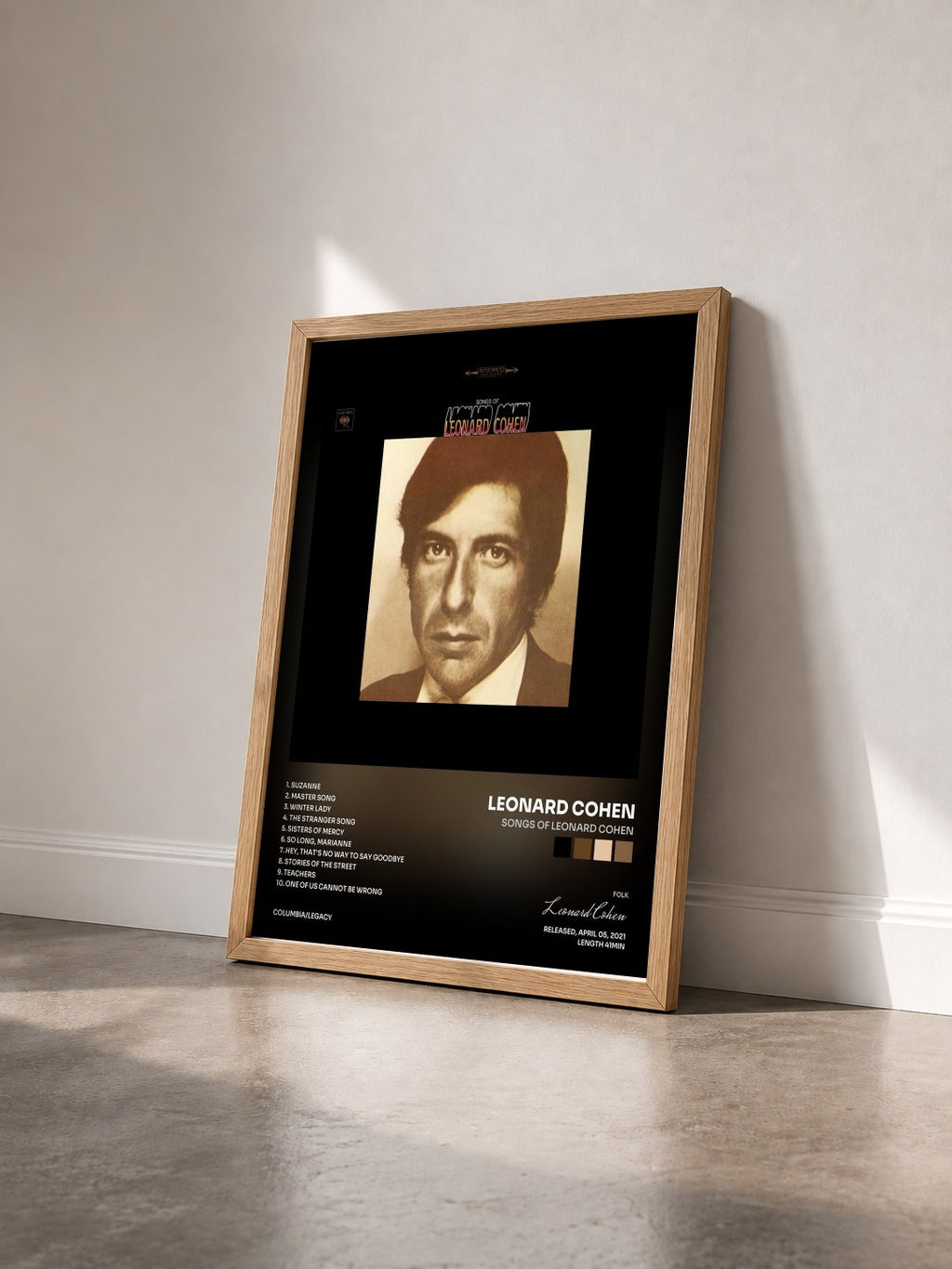 #bois Tableau de l'album Songs Of Leonard Cohen de Leonard Cohen vu de trois quarts, cadre en bois brut