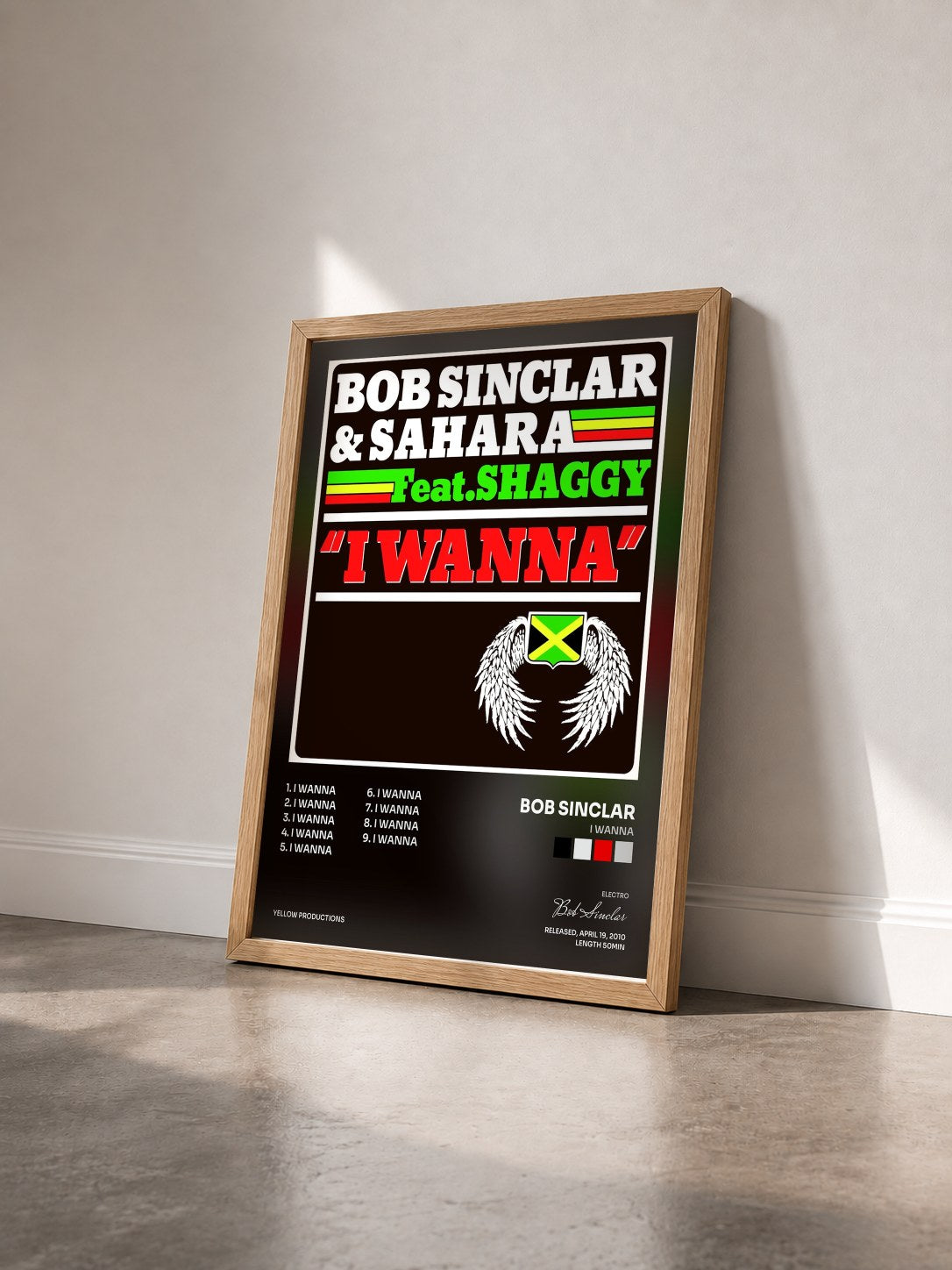 #bois Tableau de l'album I Wanna de Bob Sinclar vu de trois quarts, cadre en bois brut