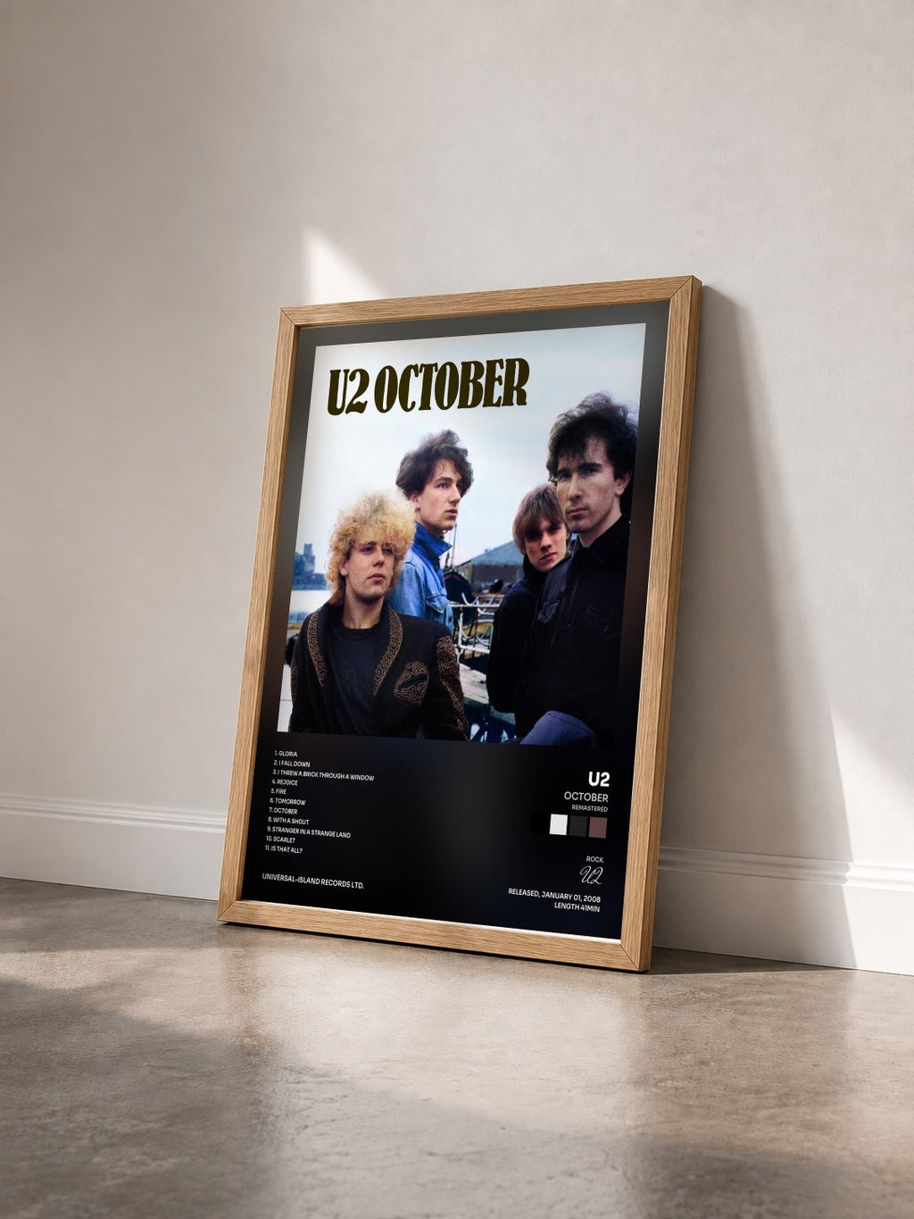 #bois Tableau de l'album October (Remastered) de U2 vu de trois quarts, cadre en bois brut
