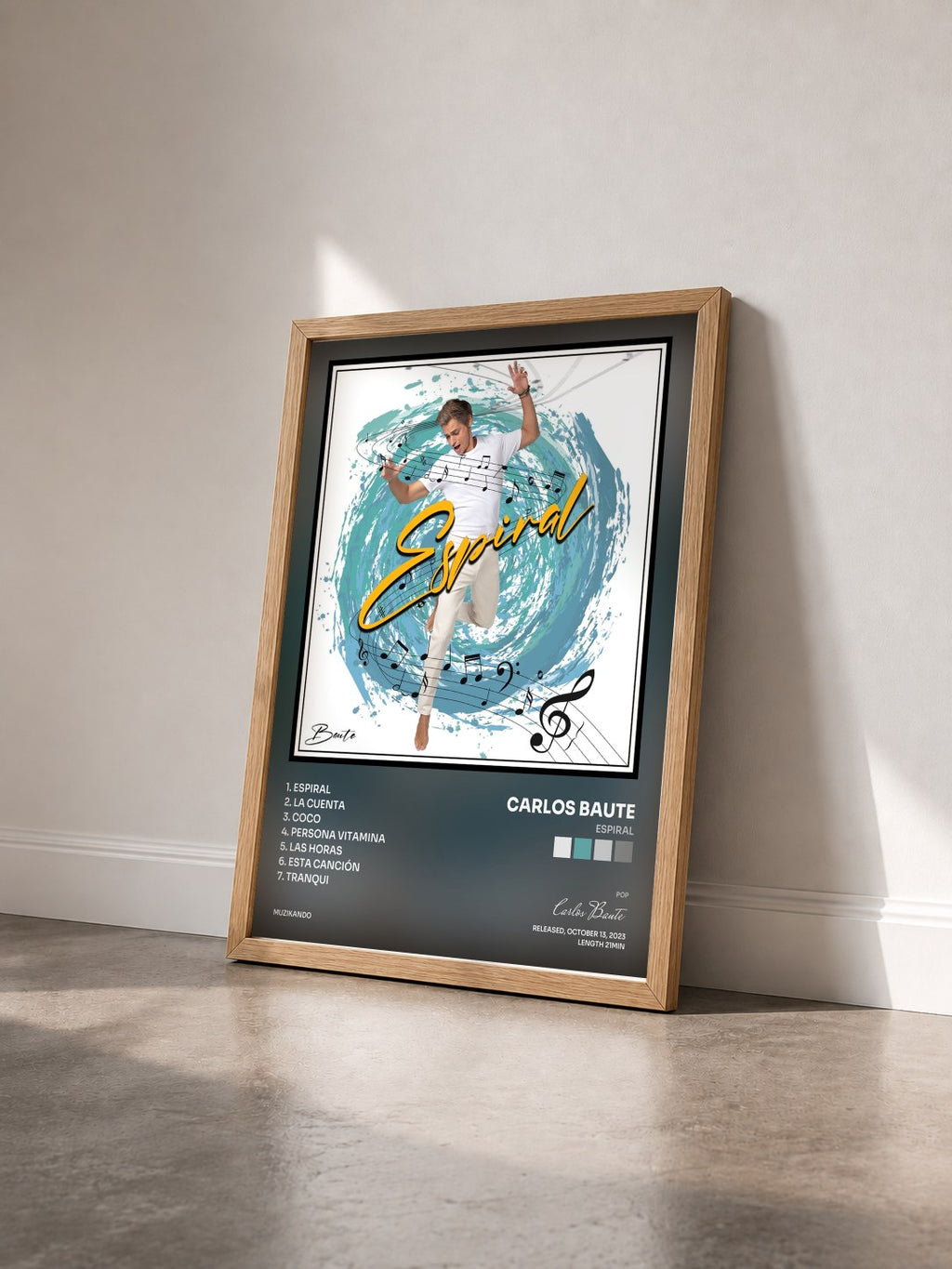 #bois Tableau de l'album Espiral de Carlos Baute vu de trois quarts, cadre en bois brut