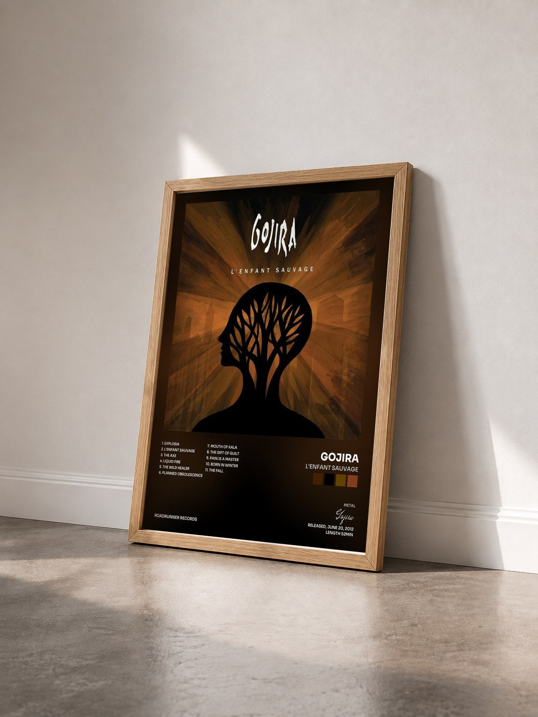 #bois Tableau de l'album L'Enfant Sauvage de Gojira vu de trois quarts, cadre en bois brut