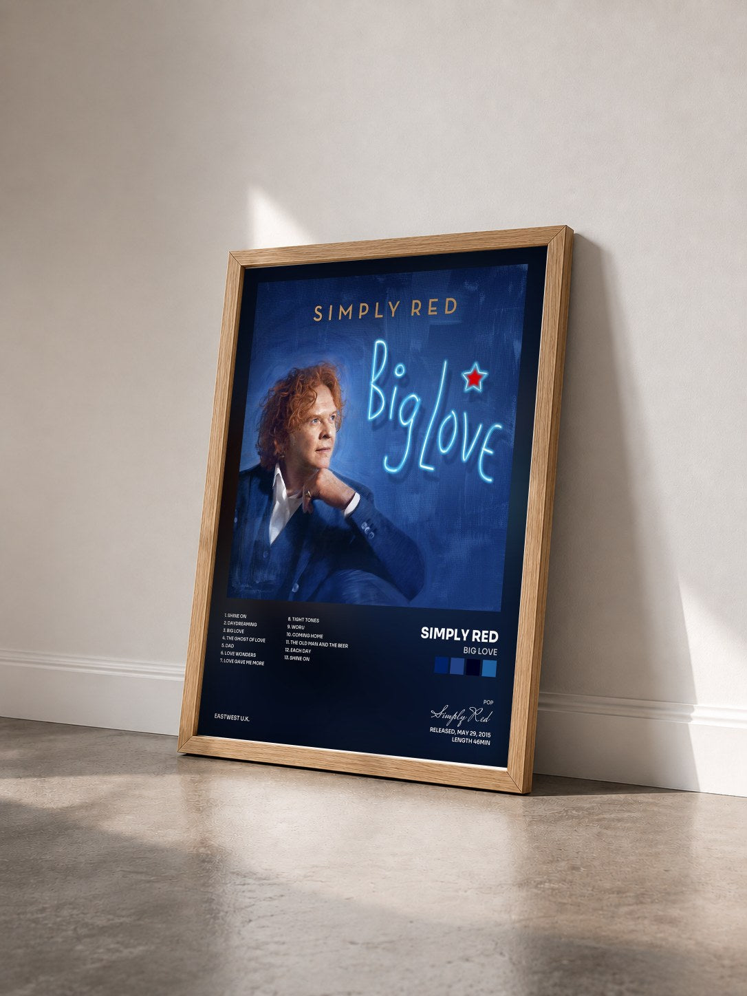 #bois Tableau de l'album Big Love de Simply Red vu de trois quarts, cadre en bois brut