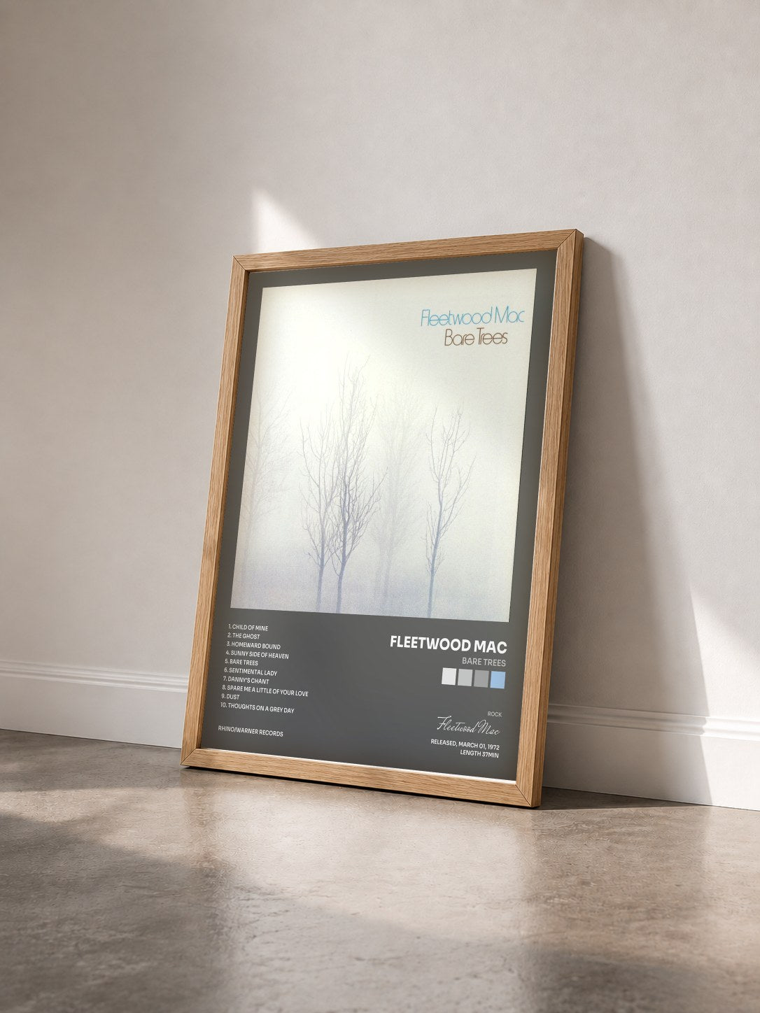 #bois Tableau de l'album Bare Trees de Fleetwood Mac vu de trois quarts, cadre en bois brut