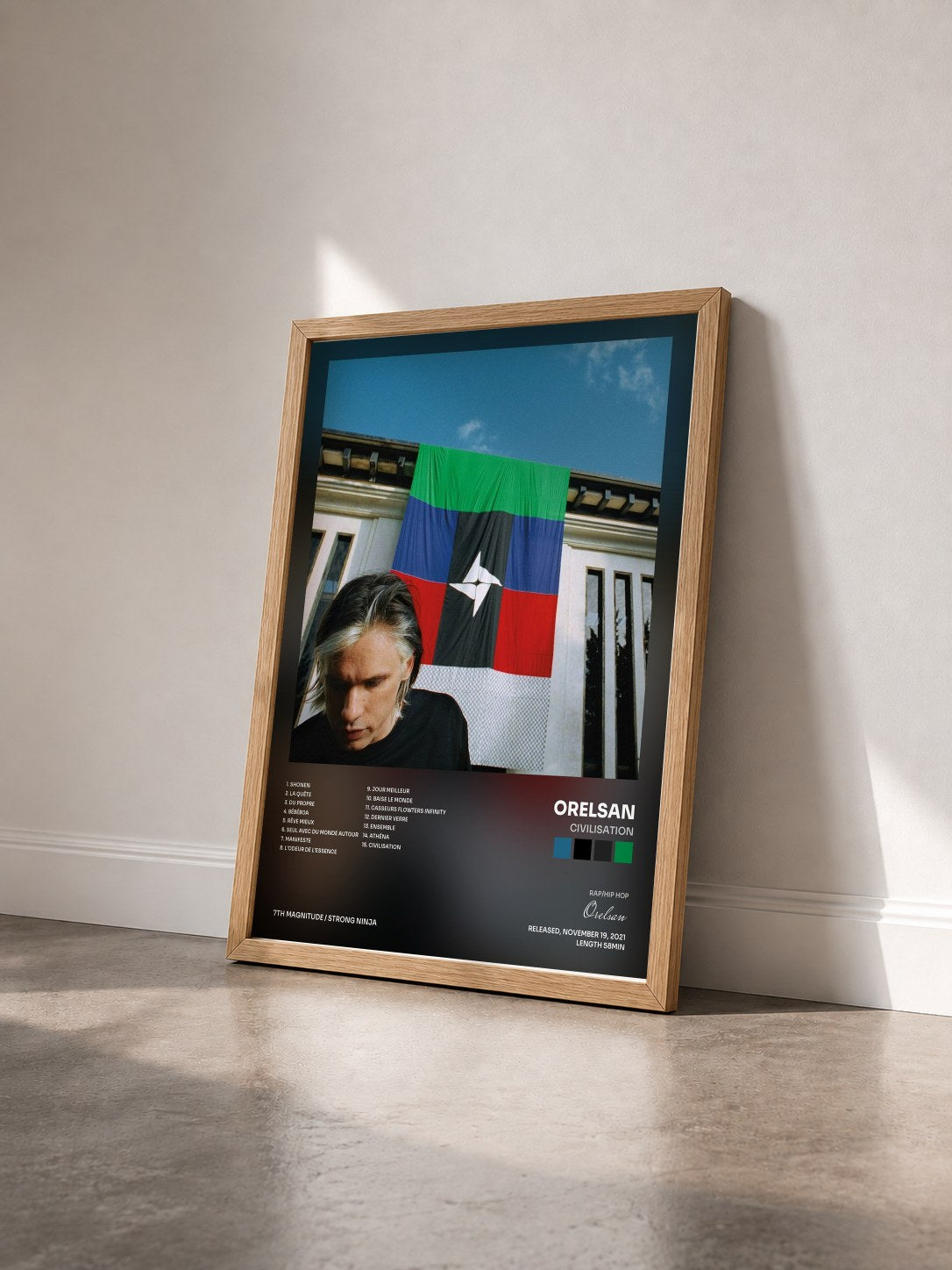 #bois Tableau de l'album Civilisation de Orelsan vu de trois quarts, cadre en bois brut