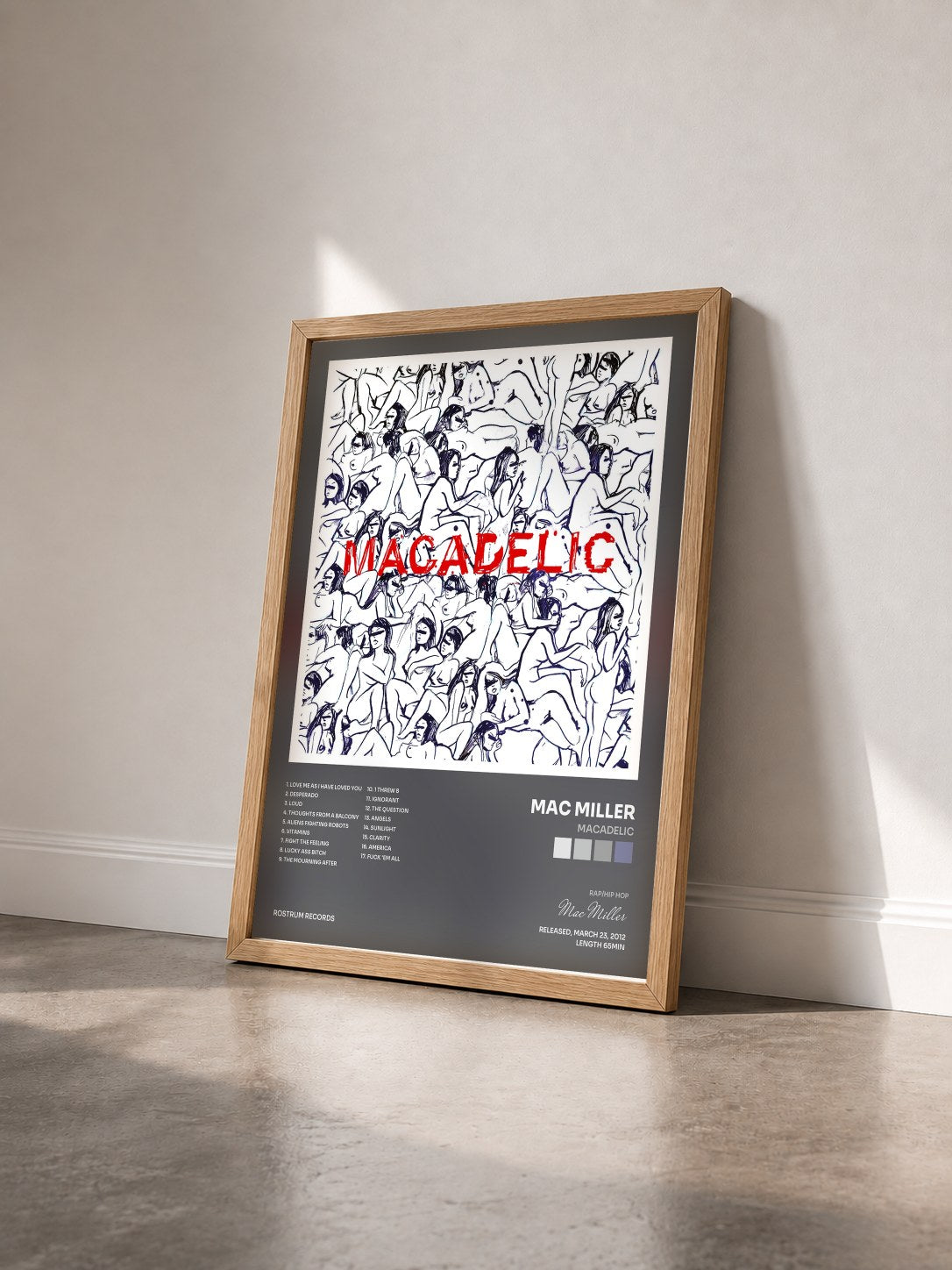 #bois Tableau de l'album Macadelic de Mac Miller vu de trois quarts, cadre en bois brut