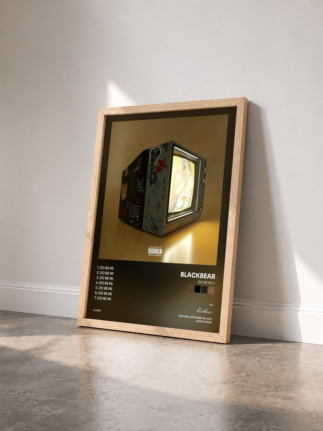 #bois Tableau de l'album do re mi X de blackbear vu de trois quarts, cadre en bois brut