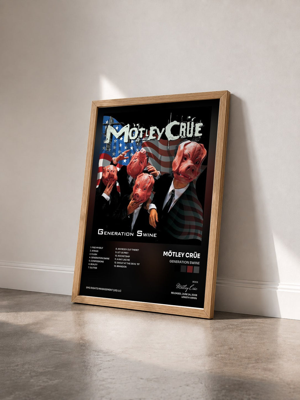 #bois Tableau de l'album Generation Swine de Mötley Crüe vu de trois quarts, cadre en bois brut