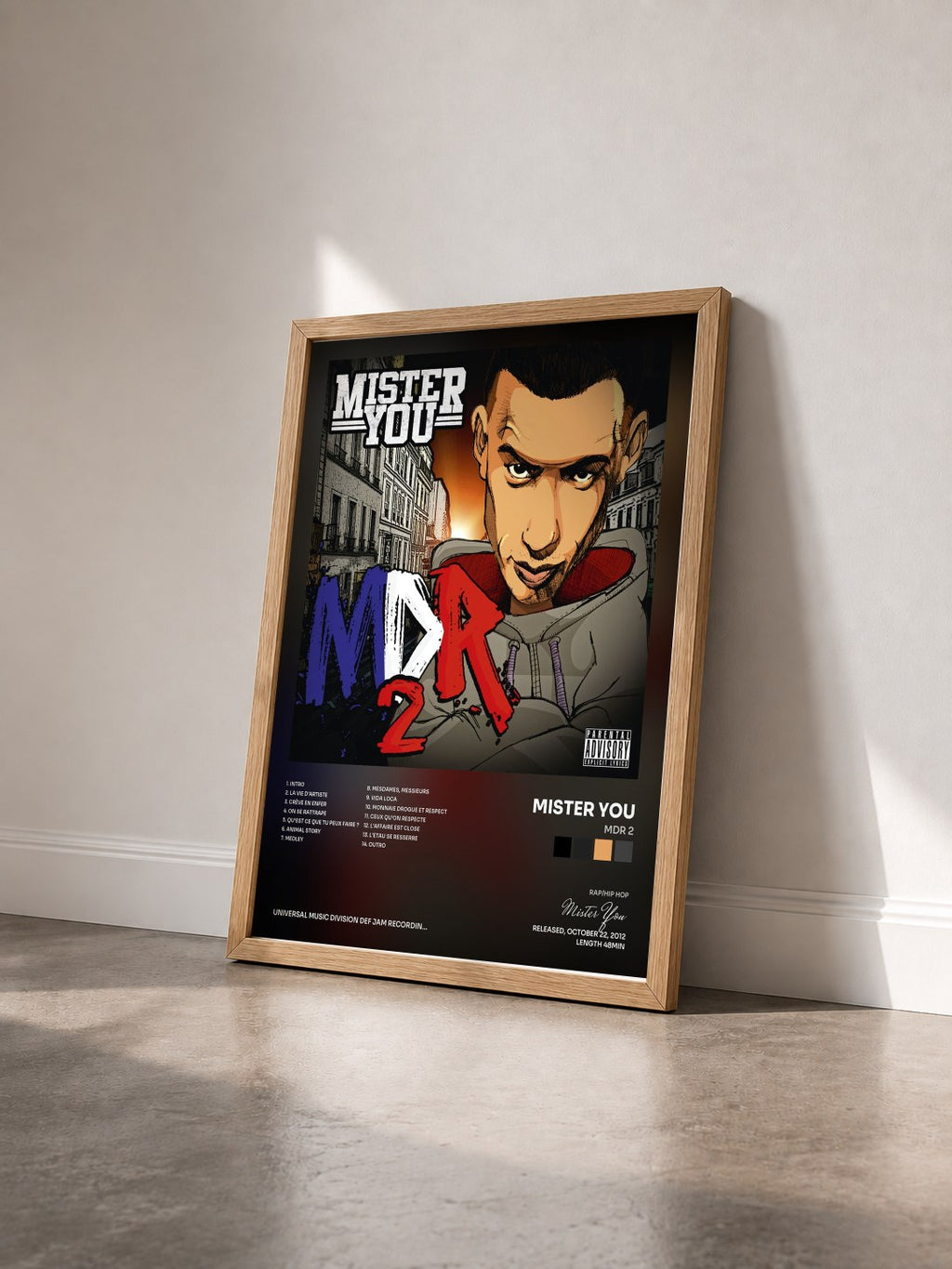 #bois Tableau de l'album MDR 2 de Mister You vu de trois quarts, cadre en bois brut