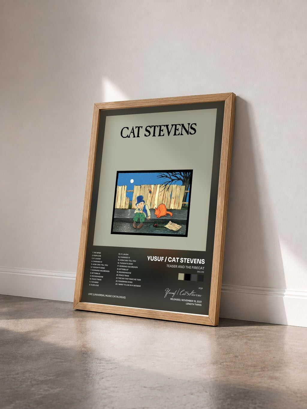 #bois Tableau de l'album Teaser And The Firecat (Deluxe) de Yusuf / Cat Stevens vu de trois quarts, cadre en bois brut