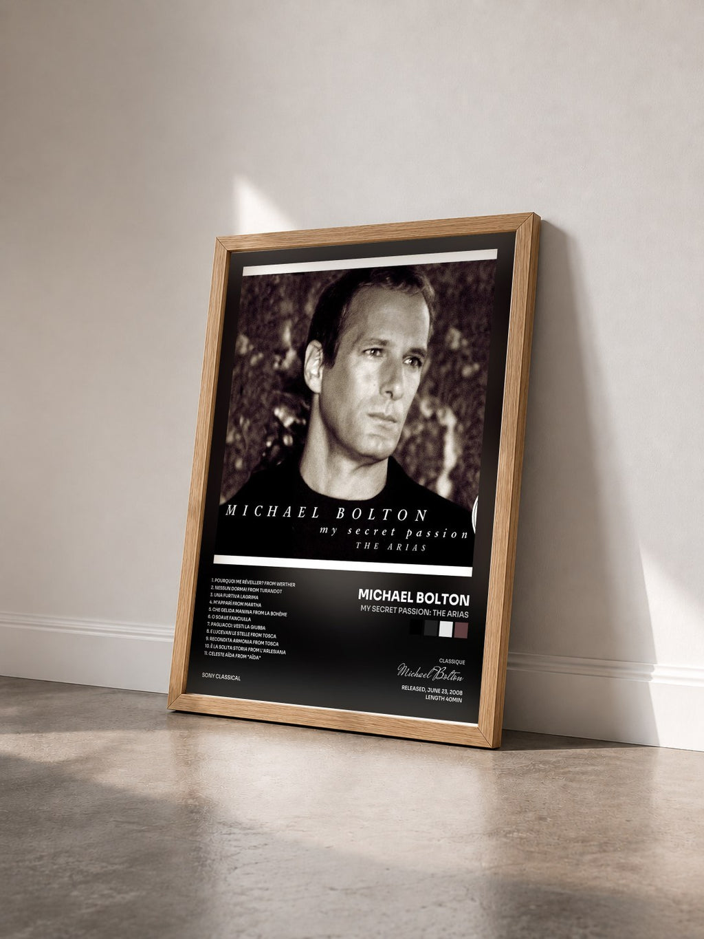 #bois Tableau de l'album My Secret Passion: The Arias de Michael Bolton vu de trois quarts, cadre en bois brut