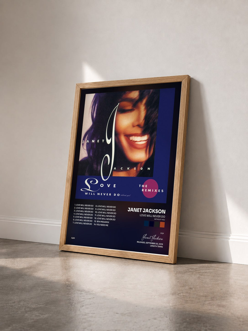 #bois Tableau de l'album Love Will Never Do (Without You): The Remixes de Janet Jackson vu de trois quarts, cadre en bois brut
