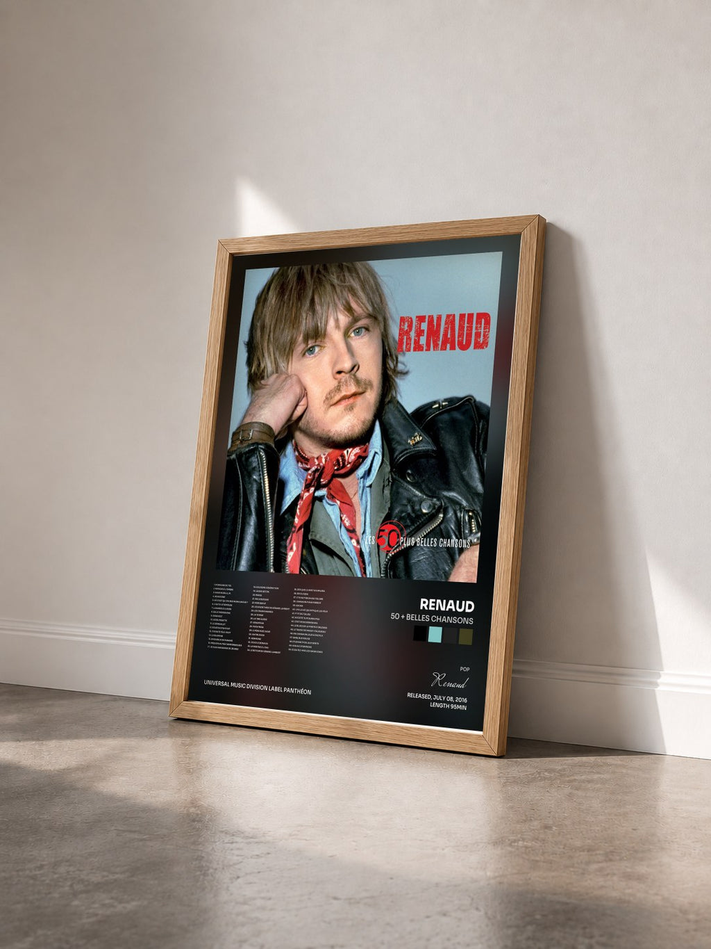 #bois Tableau de l'album 50 + belles chansons de Renaud vu de trois quarts, cadre en bois brut