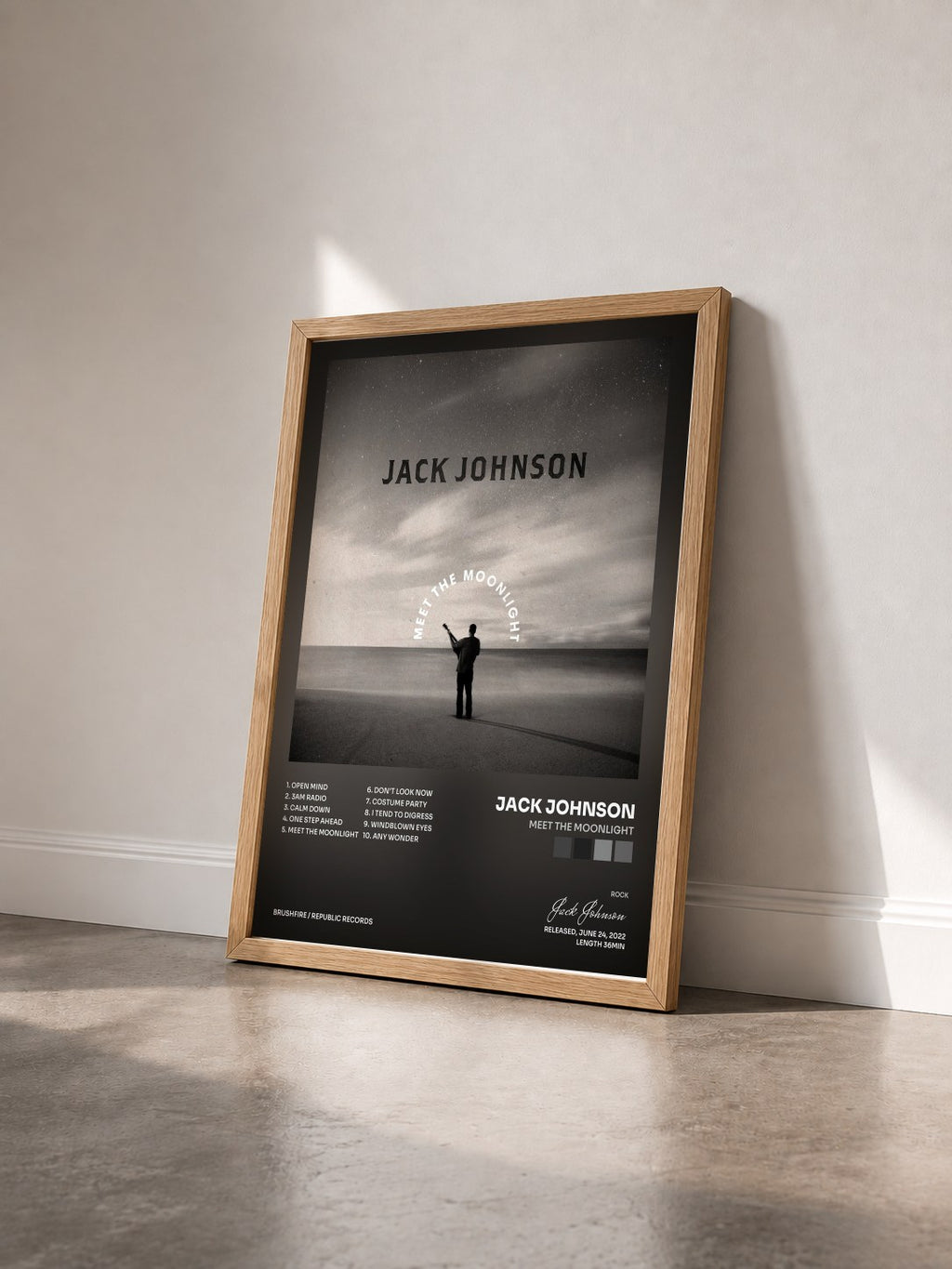 #bois Tableau de l'album Meet The Moonlight de Jack Johnson vu de trois quarts, cadre en bois brut