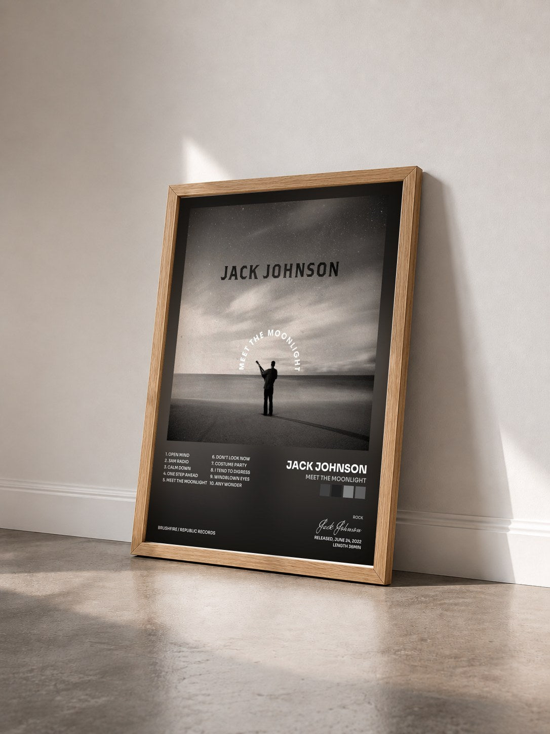 #bois Tableau de l'album Meet The Moonlight de Jack Johnson vu de trois quarts, cadre en bois brut