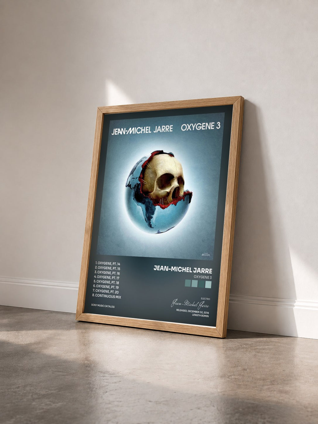 #bois Tableau de l'album Oxygene 3 de Jean-Michel Jarre vu de trois quarts, cadre en bois brut
