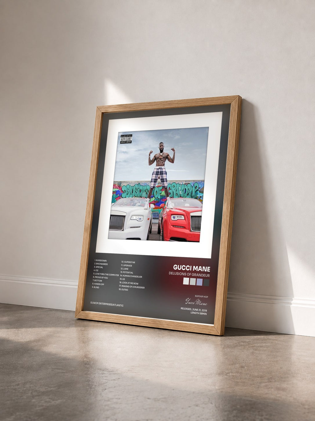 #bois Tableau de l'album Delusions of Grandeur de Gucci Mane vu de trois quarts, cadre en bois brut